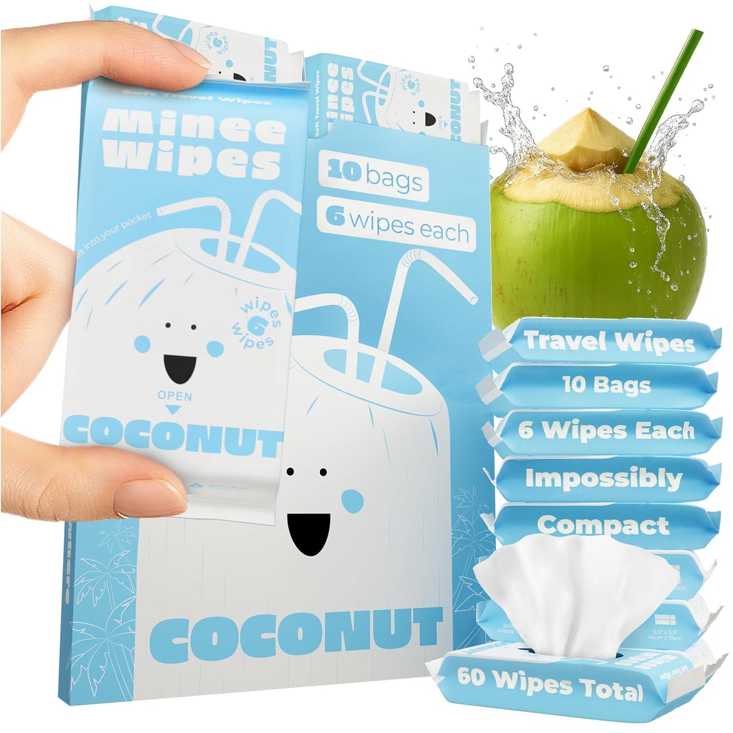 Impossibly Compact Travel Wipes with Fragrance - Skin-Friendly, Hypoallergenic & Scented Wet Wipes for Adults, Kids & Baby Care (60 Wipes Total, Coconut)