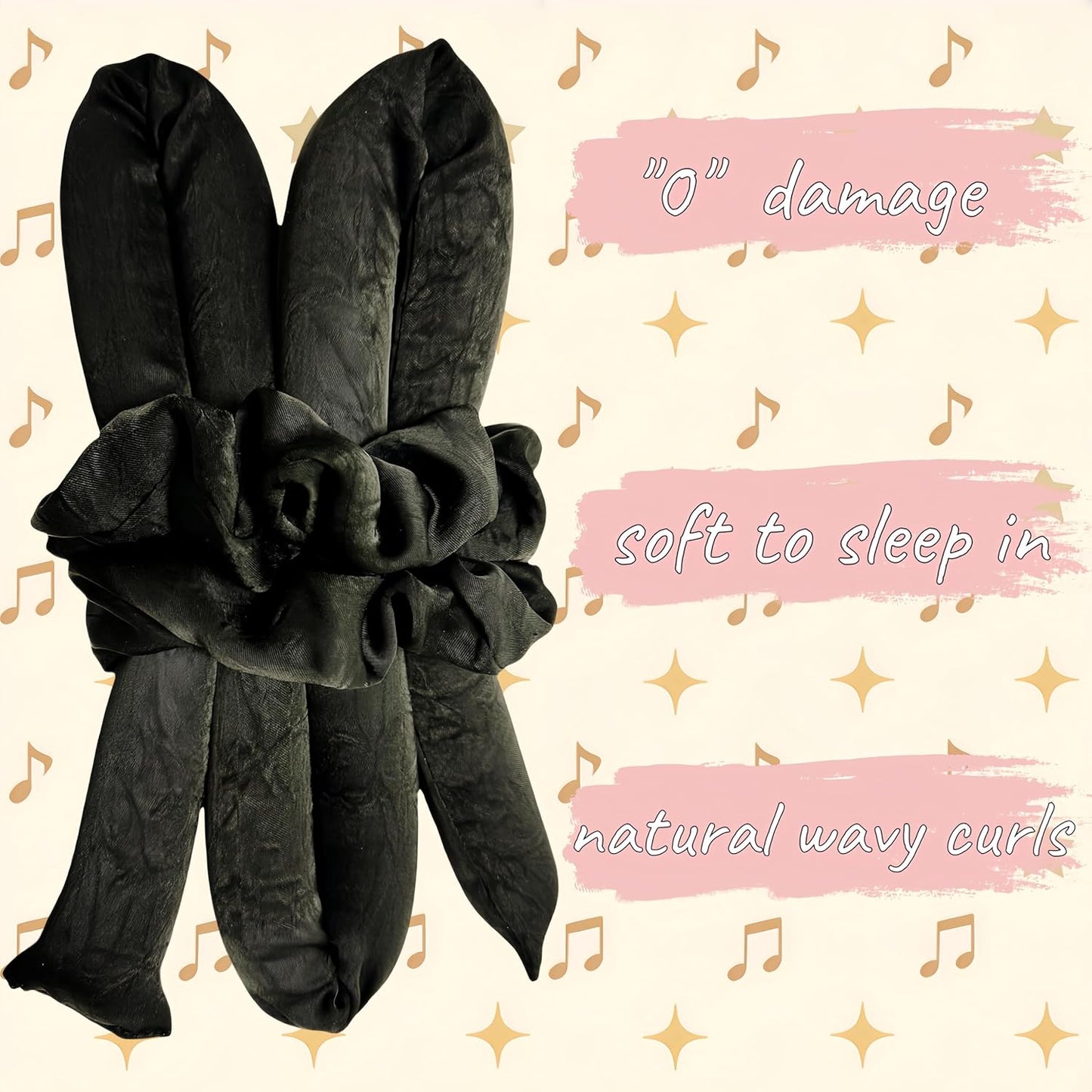 Serenade Textured Satin Heatless Curls Overnight, Heatless Hair Curler Curling Set for Women and Girls to Sleep in, with 2 Satin Scrunchies and 1 Clip for Overnight Curls, Black