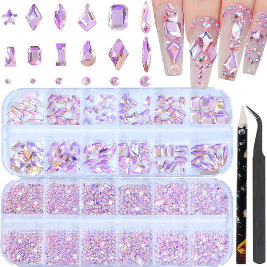 Nail Rhinestones - 3D Multi Shape Size, Flat Back, Crystals Manicure Rhinestones Charms, Pink AB Nail Gems, with Kit, for Nail Art, Bedazzling Acrylic Nails, DIY Decor