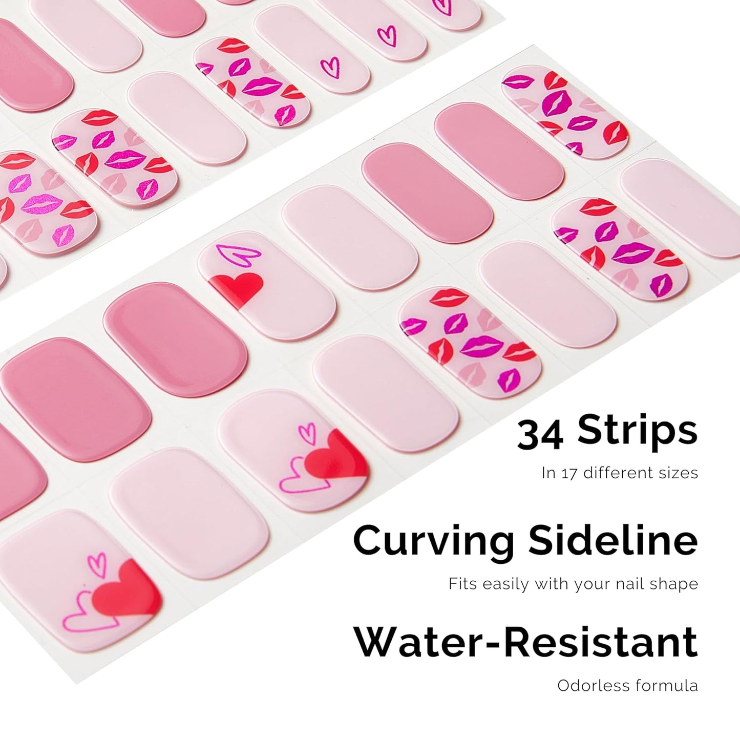NAILOG Semi Cured Gel Nail Strips for Valentine's Day, 34 pcs Salon-Quality Gel Nail Stickers, Long Lasting Nail Wraps for Women with Soft Gel Finish Pink(Seal of Love)