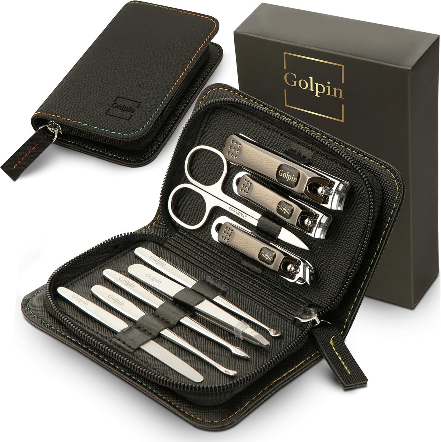 9 Pcs Manicure Kit for Men & Women – Stainless Steel Tools with Travel Nail Kit Case, Nail Clippers, Cuticle Pusher, File, Gift Ready Women & Mens Manicure Set (Black)