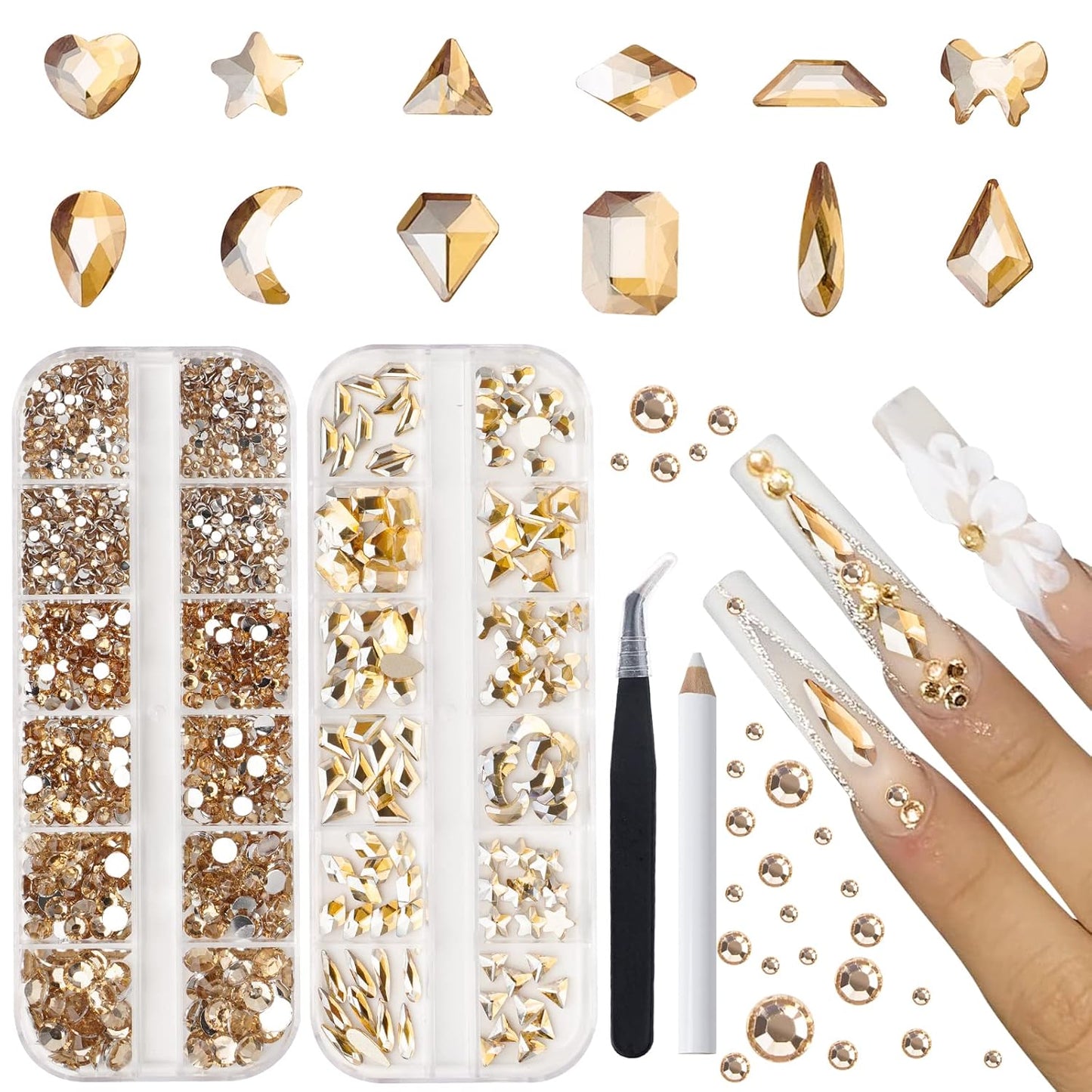 Canvalite 2518Pcs Nail Rhinestones Gems 12 Styles 3D Glass Champagne Crystals Charms Shiny Multi Shape Flatback Rhinestones with Gems Picker and Tweezers for DIY Nail Art