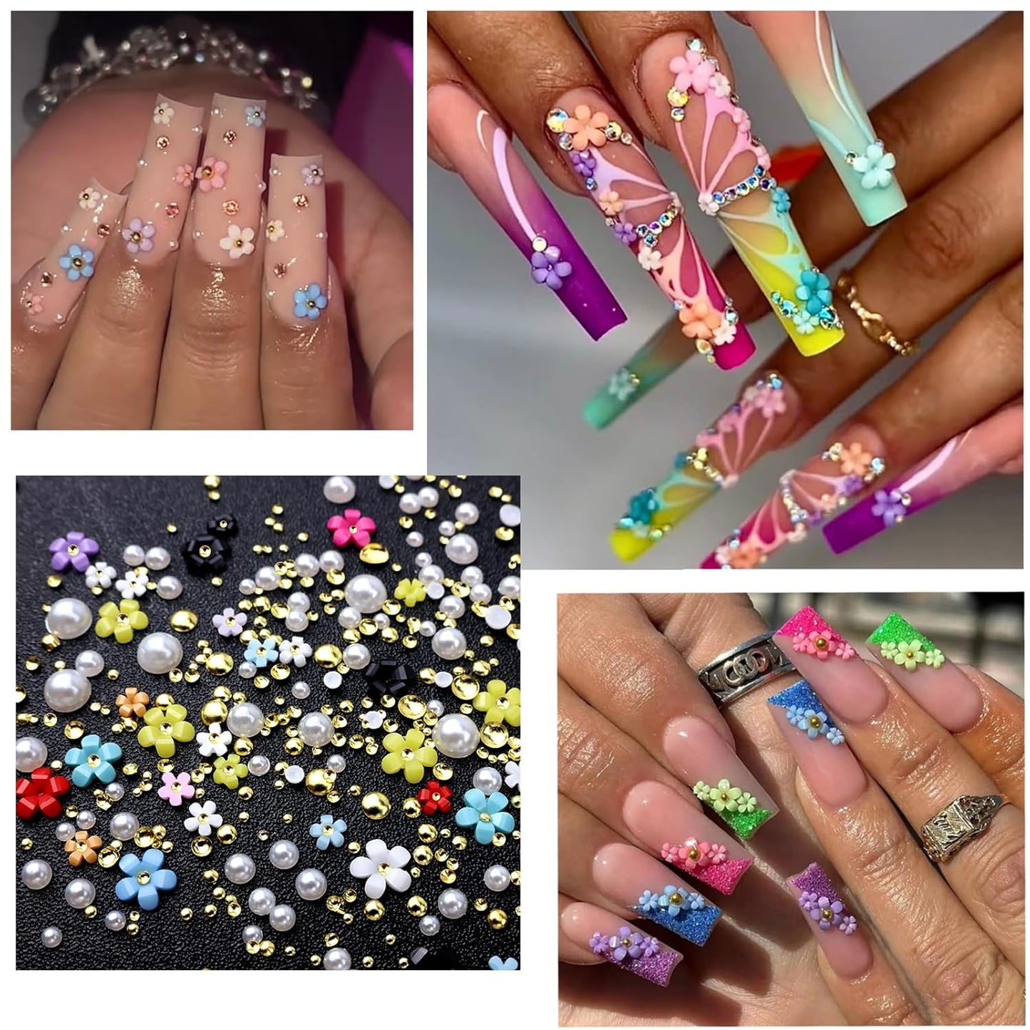 4 Boxes Nail Gems Colorful Flower Nail Charms for Acrylics - Crystals, Half Rounds Flatback Pearls and Rhinestone & Accessories for DIY Nails Art Decor for Women Nails Design