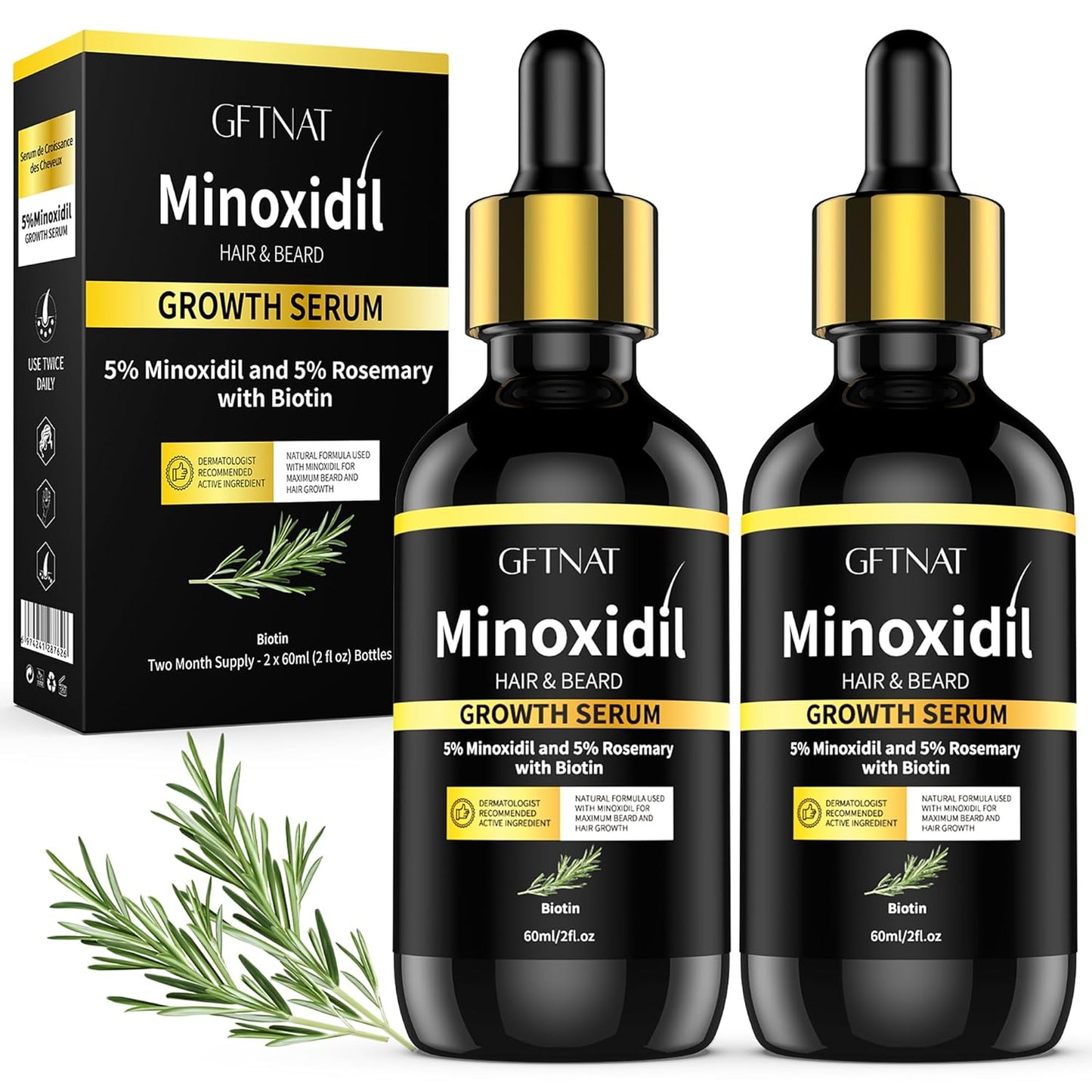 5% Minoxidil with Rosemary and Biotin for Men and Women Hair Growth,Beard Growth Kit,Scalp Serum for Thicker Fuller Hair