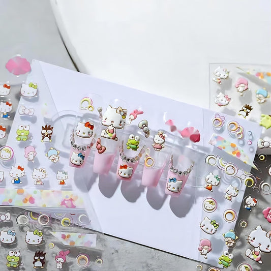 Dedyel Cute Nail Stickers 5D Embossed Cartoon Cat Nail Stickers Kawaii Animal Self-Adhesive Nail Decals for Women Girls Kids Nail Art Decoration