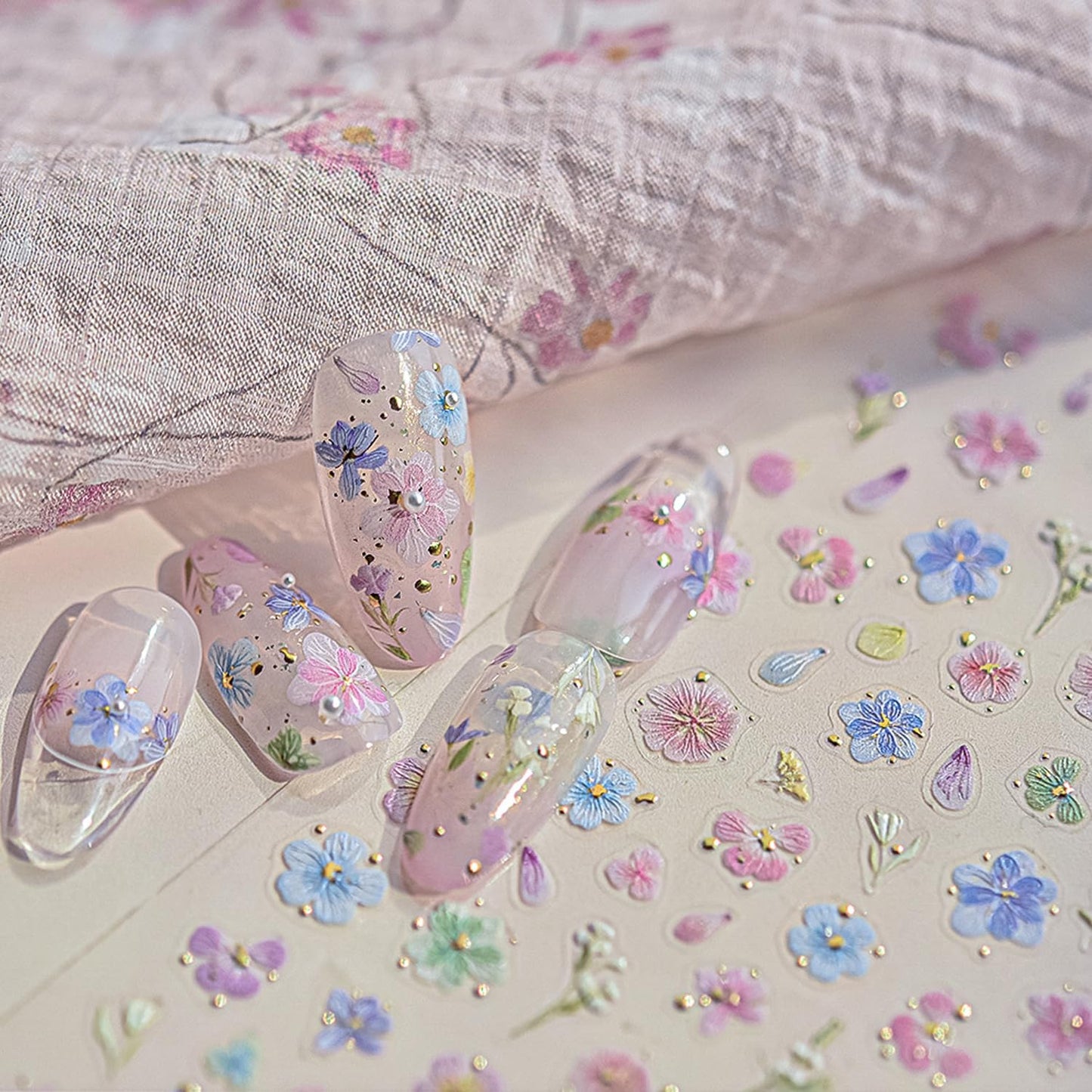 Dried Flower Nail Art Stickers Colorful Flowers Nail Decals for Acrylic Nails 3D Self Adhesive Glitter Designs Nail Sticker Cute Floral Nail Decal Spring Summer Manicure Supplies for Women DIY Decor