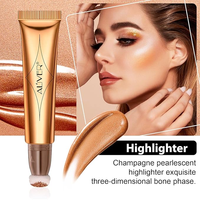 Liquid Highlighter Beauty Wand, Highlight Bronzer Stick with Cushion Applicator, Smooth Shimmer Finish, Lightweight Silky Cream Face Makeup Stick,Cruelty-free (Gold)