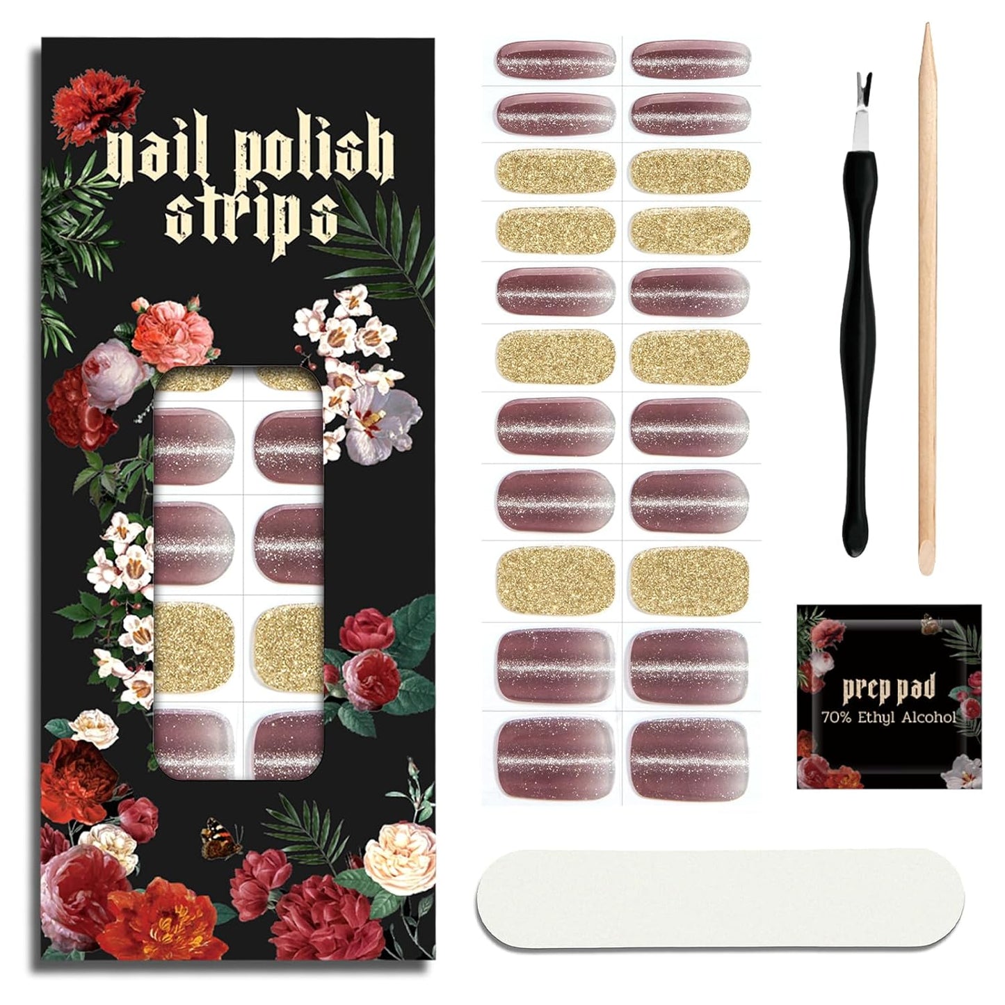 Nail Polish Strips - 22 Pcs Salon Quality Gel Nail Stickers - Long Lasting Wraps (Lavender Gold Foil)