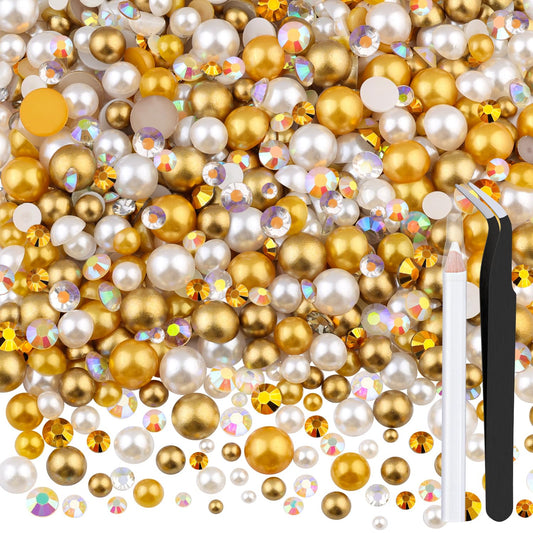 80g Flatback Pearls and Rhinestones for Bedazzling, Champagne Gold Mixed Size 3-10mm Resin Rhinestones and Half Pearls for Crafting, Nail Art and Decoration with Tweezers (White Brown)