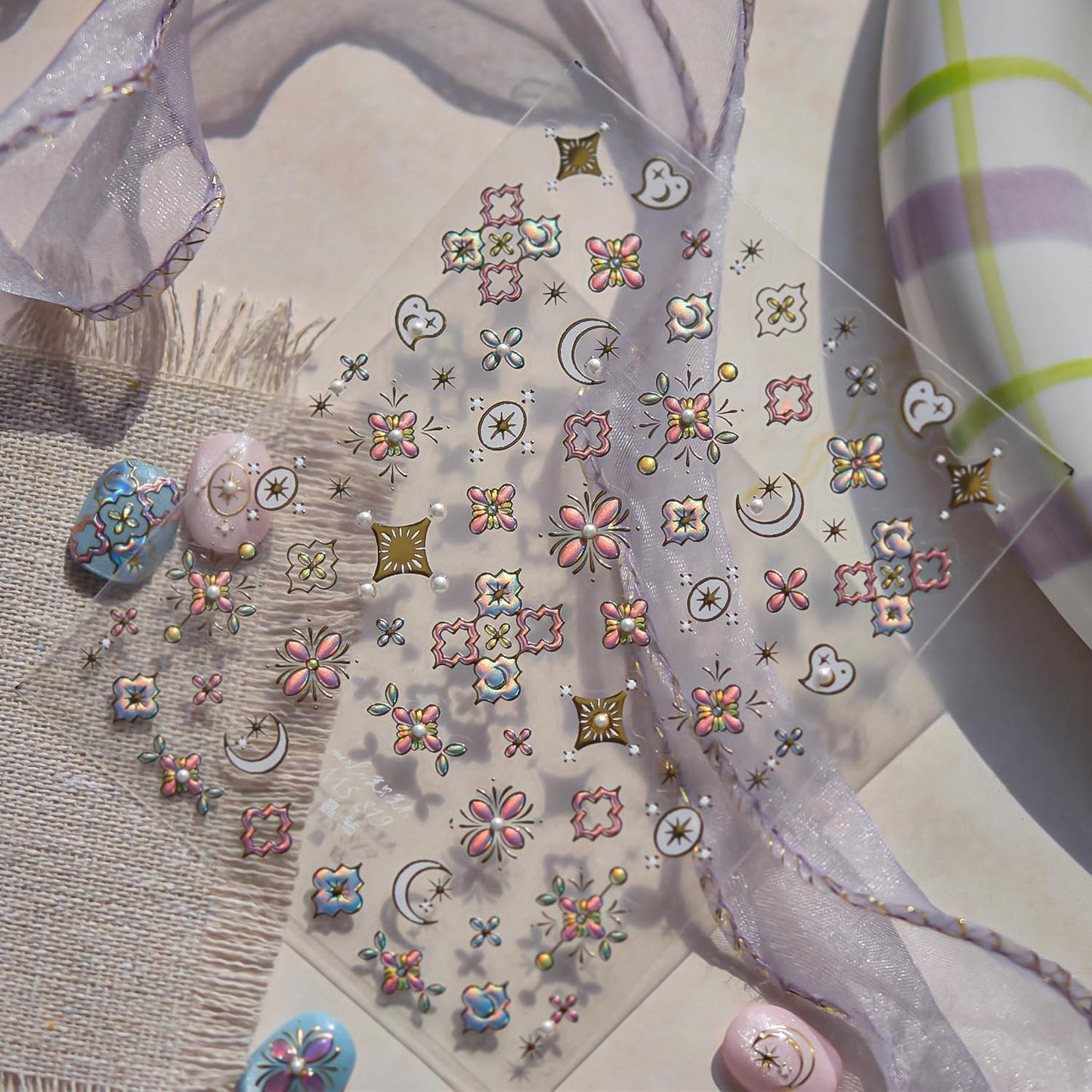 Gold Nail Art Stickers Floral Nail Decals Star Moon Nail Stickers 5D Embossed with Design Self Adhesive Nails Charms for Women Girls Kid Manicure DIY Decoration Accessories