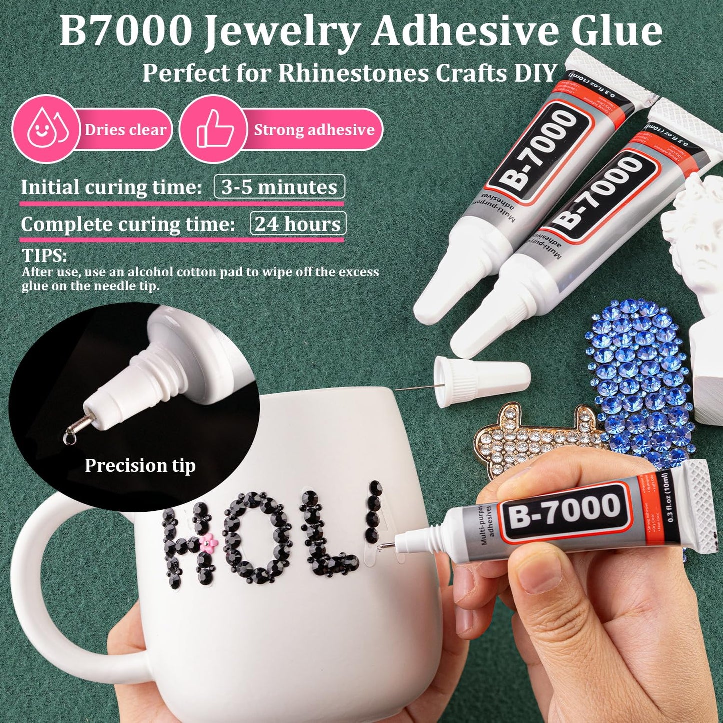 Resin Rhinestones for Crafting with B7000 Jewelry Glue, 1 Box Black Flatback Crystals with 3Pcs 10ml Glue for Bedazzling Crafts DIY Nail Art Makeup，Non Hotfix Gems for Clothing Shoes