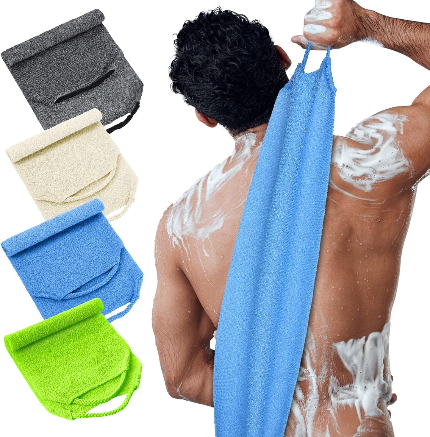 Moukeren Exfoliating Back Scrubber with Handles 4 Pack Nylon Back Exfoliator Extended Length Washers Scrubbers Stretchable Pull Strap Exfoliating Washcloth(Dark Blue, Gray, Beige, Fluorescent Green)