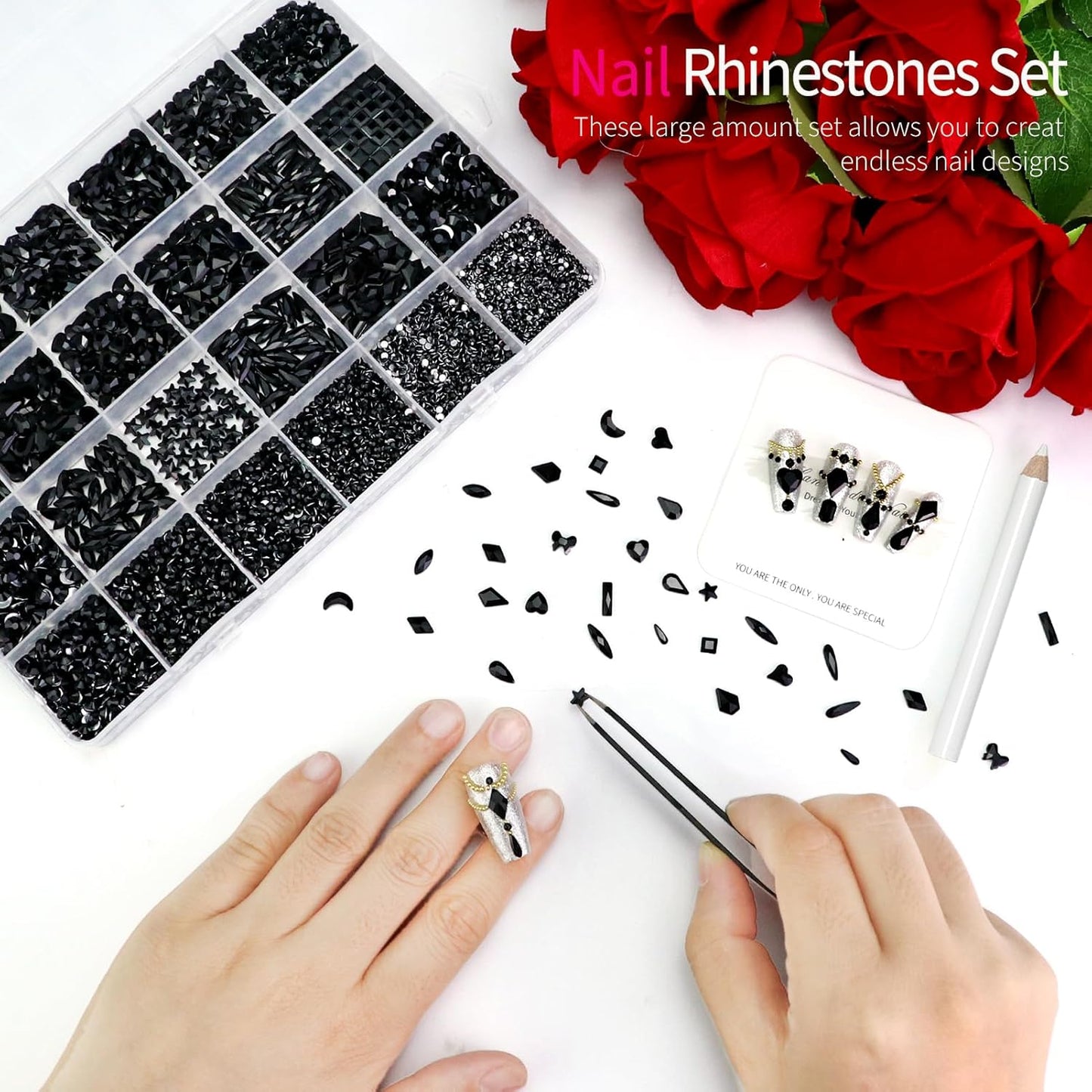 Dowarm 6000PCS Black Nail Rhinestones Kit, 16 Types of 800PCS Special-Shaped Diamonds + 5200PCS Flatback Rhinestones, 3D Glass Gemstones for Nail Crafts Decoration, Jewelry Gem Stones Charm