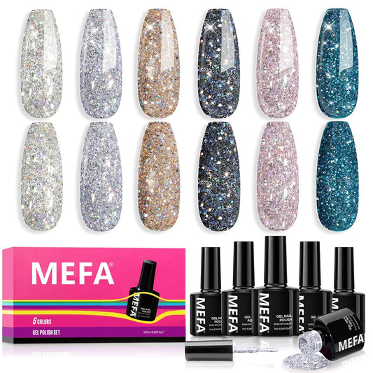 MEFA Glitter Gel Nail Polish Set 6 Colors, Chrome Platinum Sparkly Shiny Black Silver Champagne Turquoises Gel Polish Kit Soak Off Nail Art Design Salon at Home DIY Manicure Kit Gifts for Women
