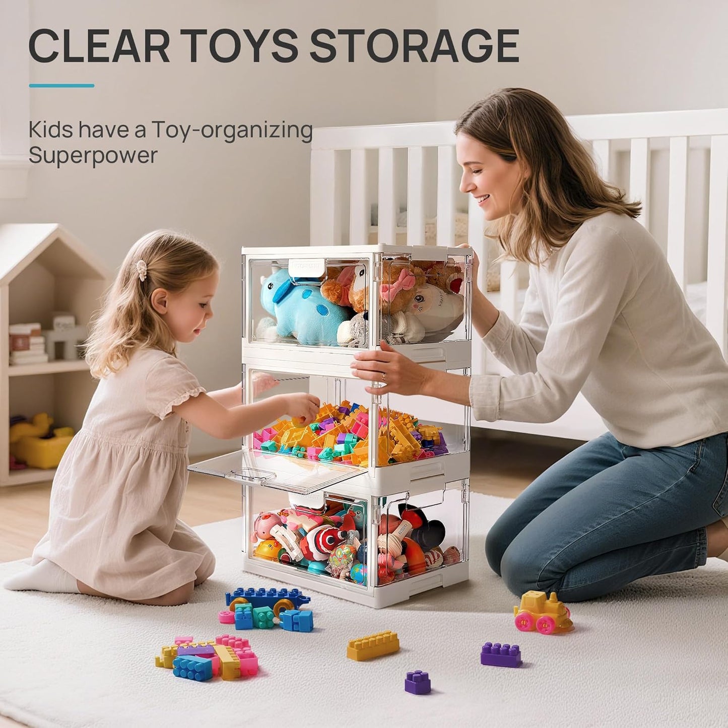 Vtopmart 2 Pack Stackable Storage Bins with Lids,24QT Clear Foldable Closet Organizer with Front-Open Doors,Plastic Storage Containers for Living Room, Bedroom, Craft Room, Dorm Organization