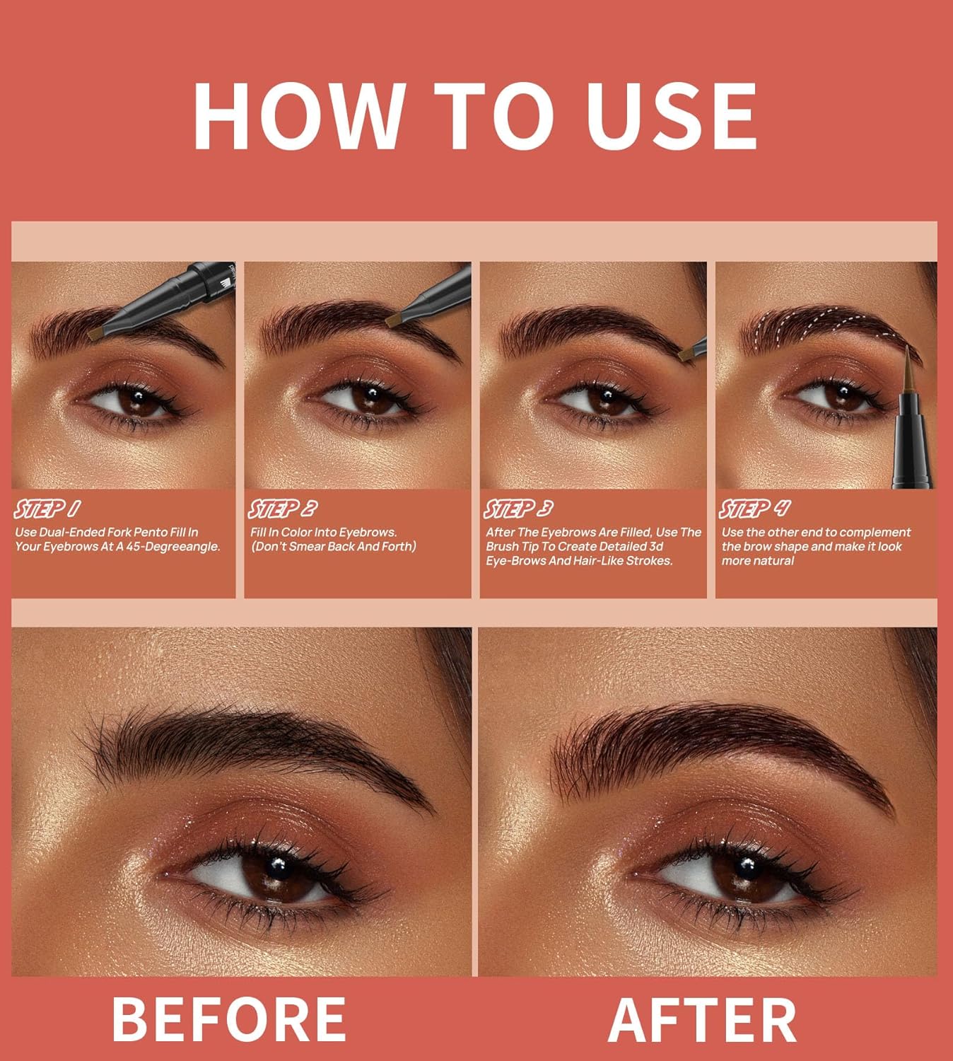 4-Fork Tip Microblading Eyebrow Pen With Brow Gel - 2-in-1 Waterproof Eyebrow Pencil, Long-Lasting Natural Hair-Like Brows, Smudge-Proof & Easy to Use (With Brow Gel 03#Grey)