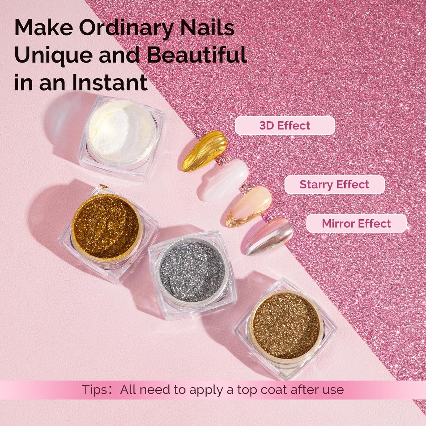 MelodySusie 4Pcs Chrome Nail Powder for Gel Nails, Aurora Fine Glitter Powder Mirror Effect Pigment Pearlescent Mermaid Pigment Pearl Glitter for Home DIY Salon Use