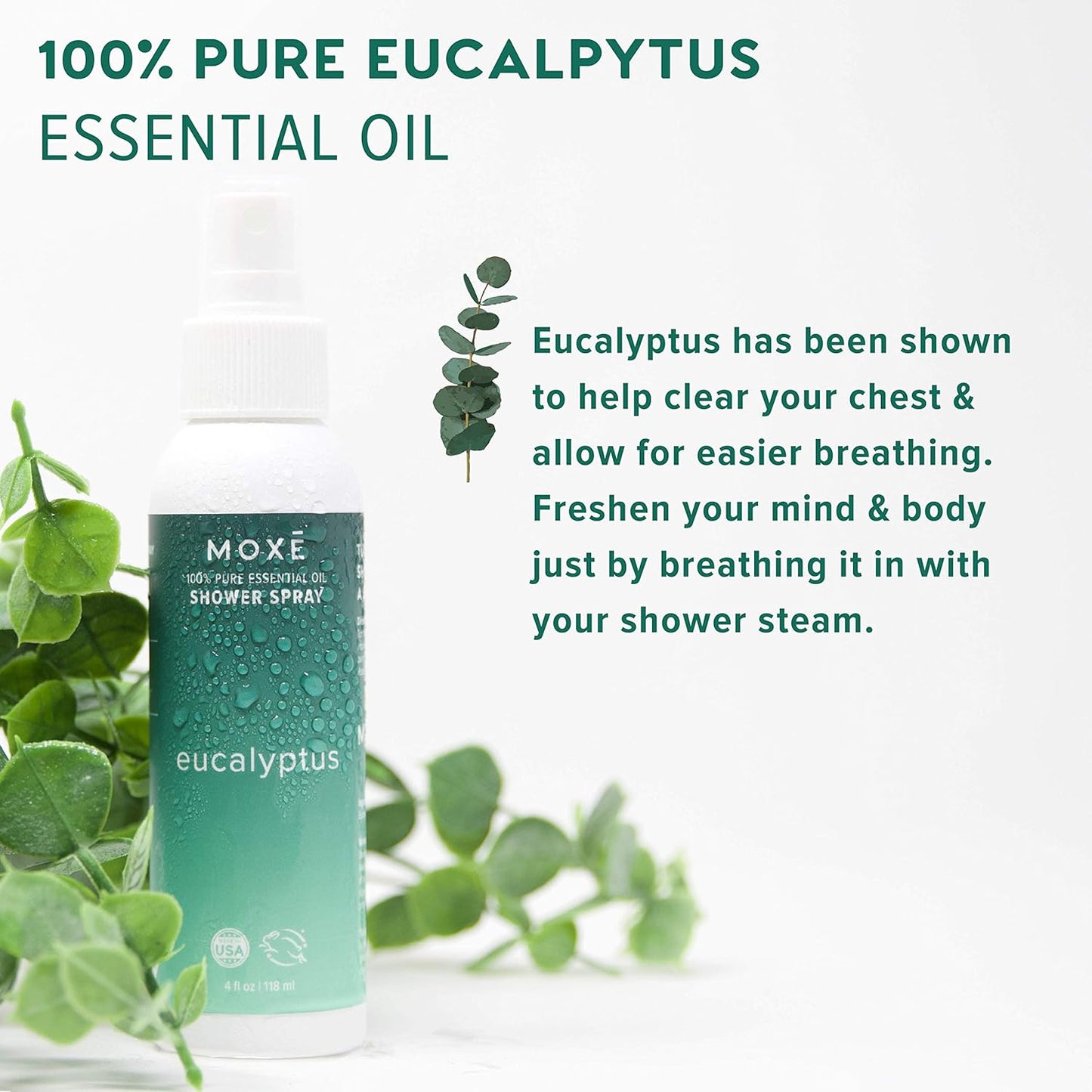 MOXE Eucalyptus Oil Shower Mist, Spa Steam Spray, Certified Natural 100% Essential Oils, Made in USA, Aromatherapy, Sinus Congestion Relief, Tension Relief (4oz)