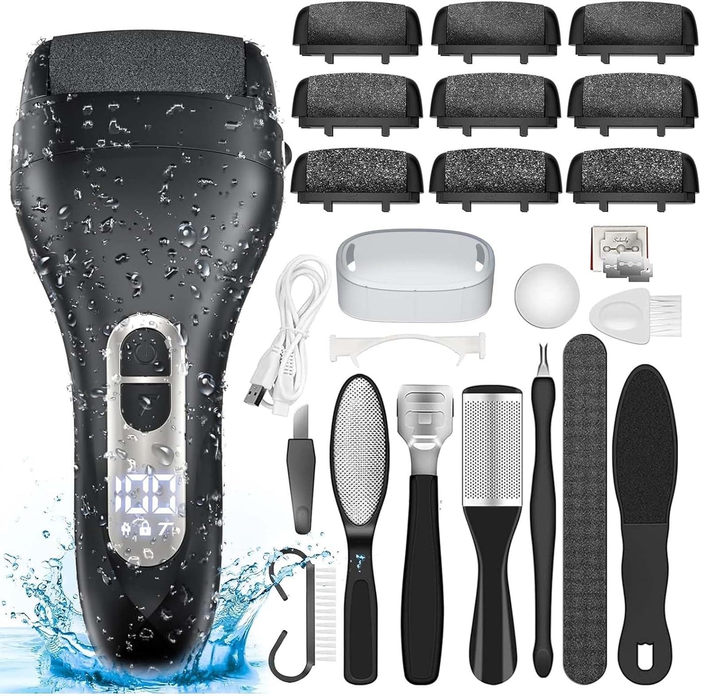Electric Callus Remover for Feet - with 9pcs Larger Grinding Head, Portable Pedicure Kit Foot File Callus Remover, Rechargeable Waterproof Foot File for Foot Care Deadskin Remover LCD Display-Black