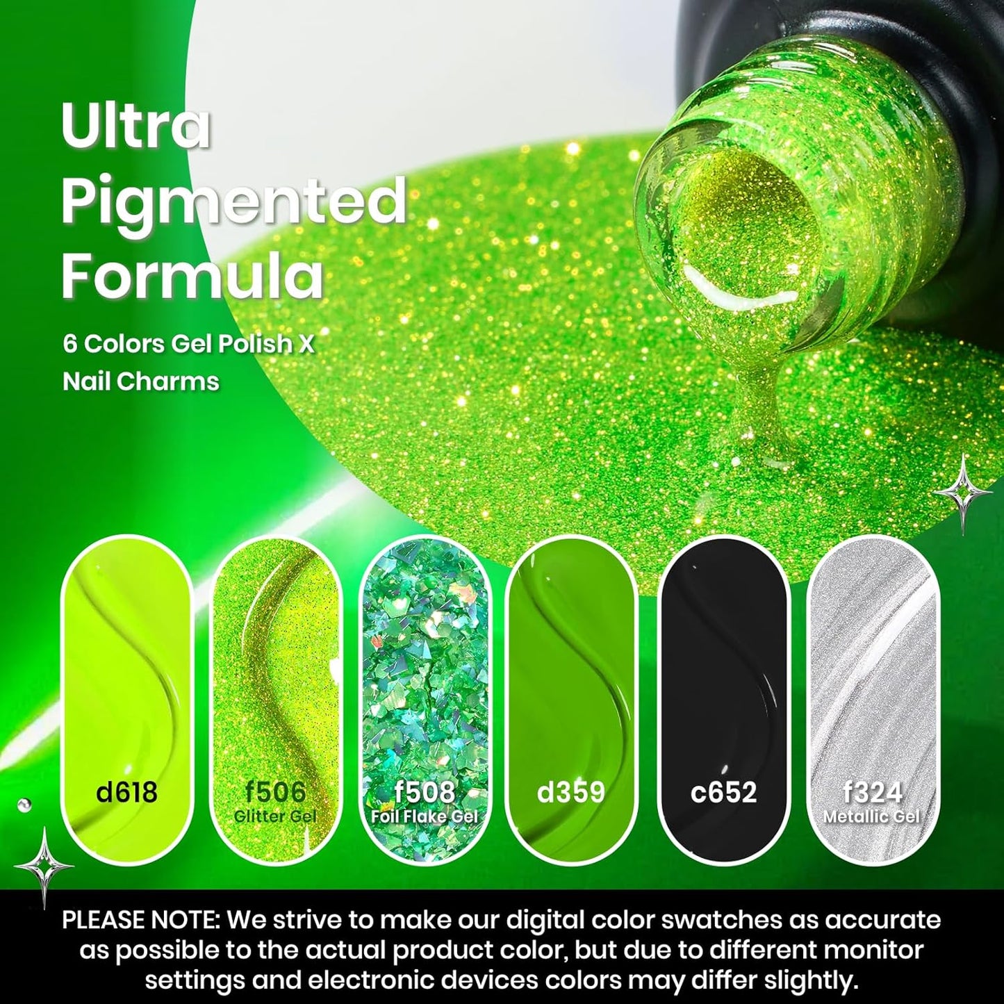 Beetles Neon Green Gel Nail Polish Set, Halloween Black Glitter Silver Brat Tribe Gel Polish with Rhinestones for DIY Nail Art Festival Manicure Gift for Women