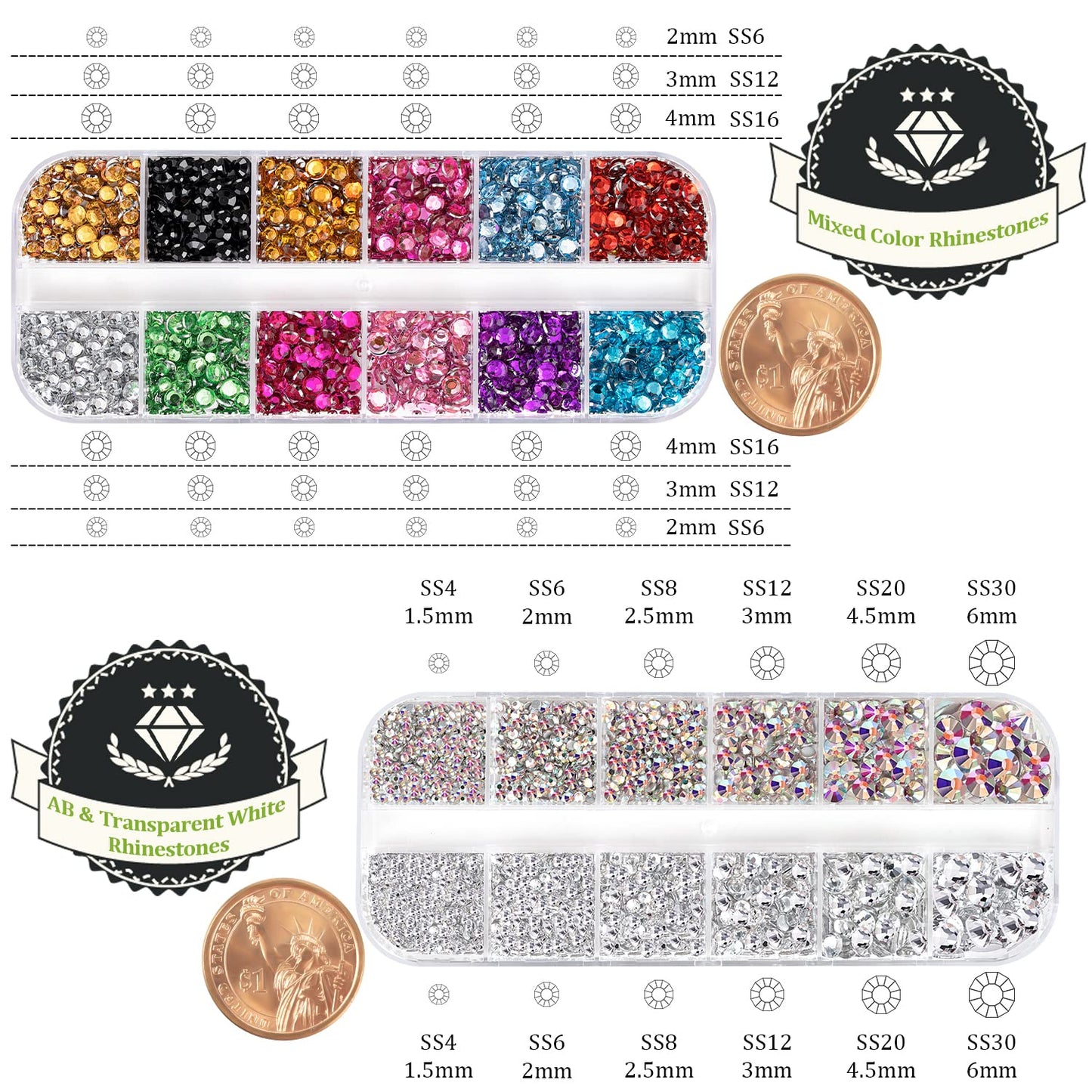 Two Packs of Flatback Rhinestones 4520 Pcs Crystal, Colorful Rhinestones for Nails, Multicolored+ AB+Transparent White Gems with Picker Tools for Bedazzling Nail Crafting Face Makeup
