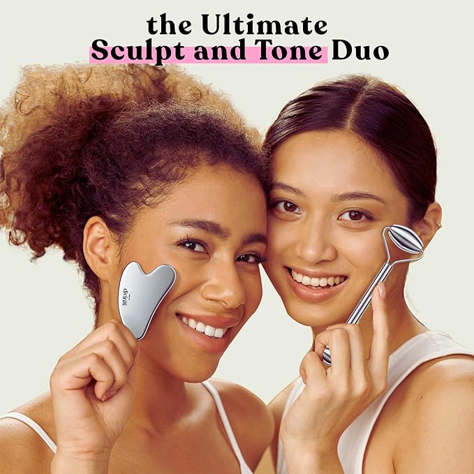 Stainless Steel Face Roller - Premium Gua Sha Facial Tools Stainless Steel GuaSha Tool and Face Roller Set - Gua Sha Stainless Steel Gua Sha Tool - Metal Face Roller and Gua Shua Set - Spa Gifts
