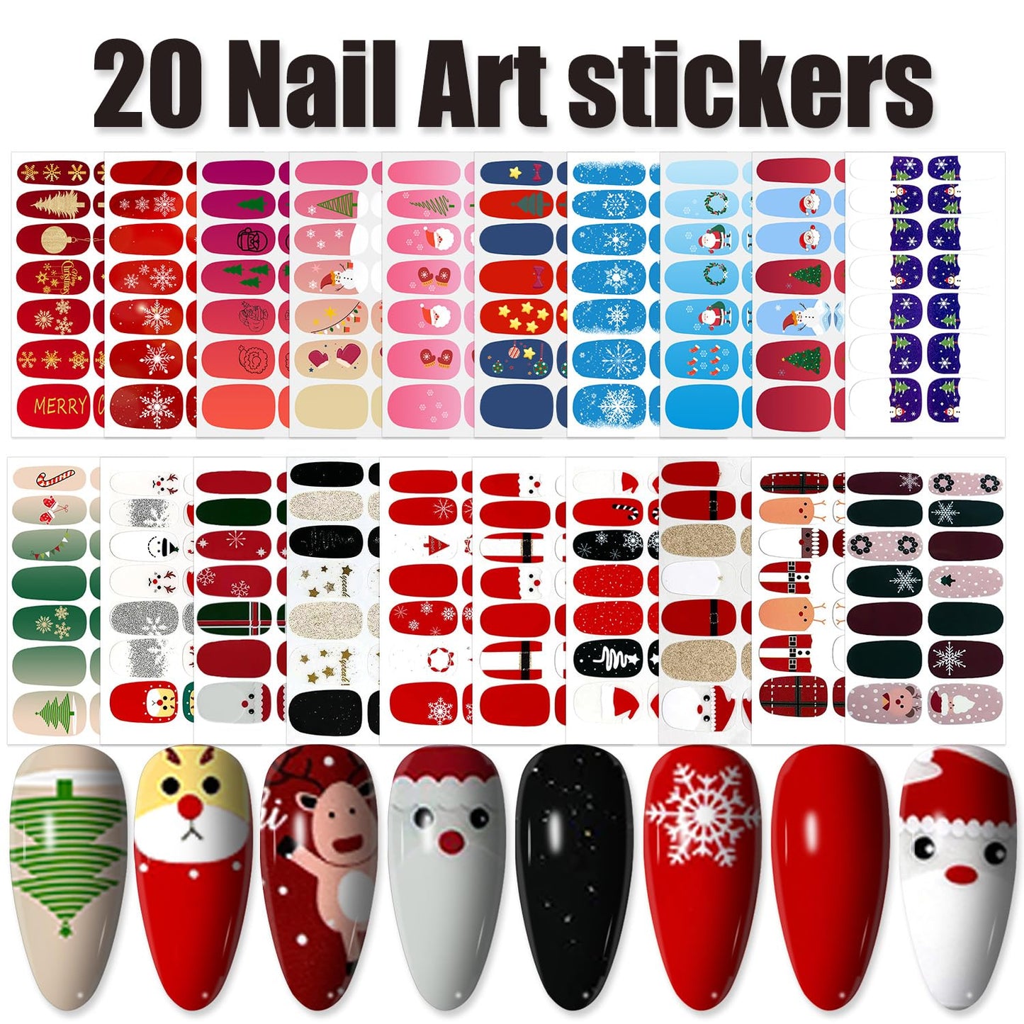 WOKOTO 20 Sheets Christmas Full Wraps Nail Polish Stickers Stick On Nail Polish Strips for Christmas Day Winter Nail Art Decals Gel Nail Wraps Christmas Father Deer Tree Gel Nail Strips Stickers