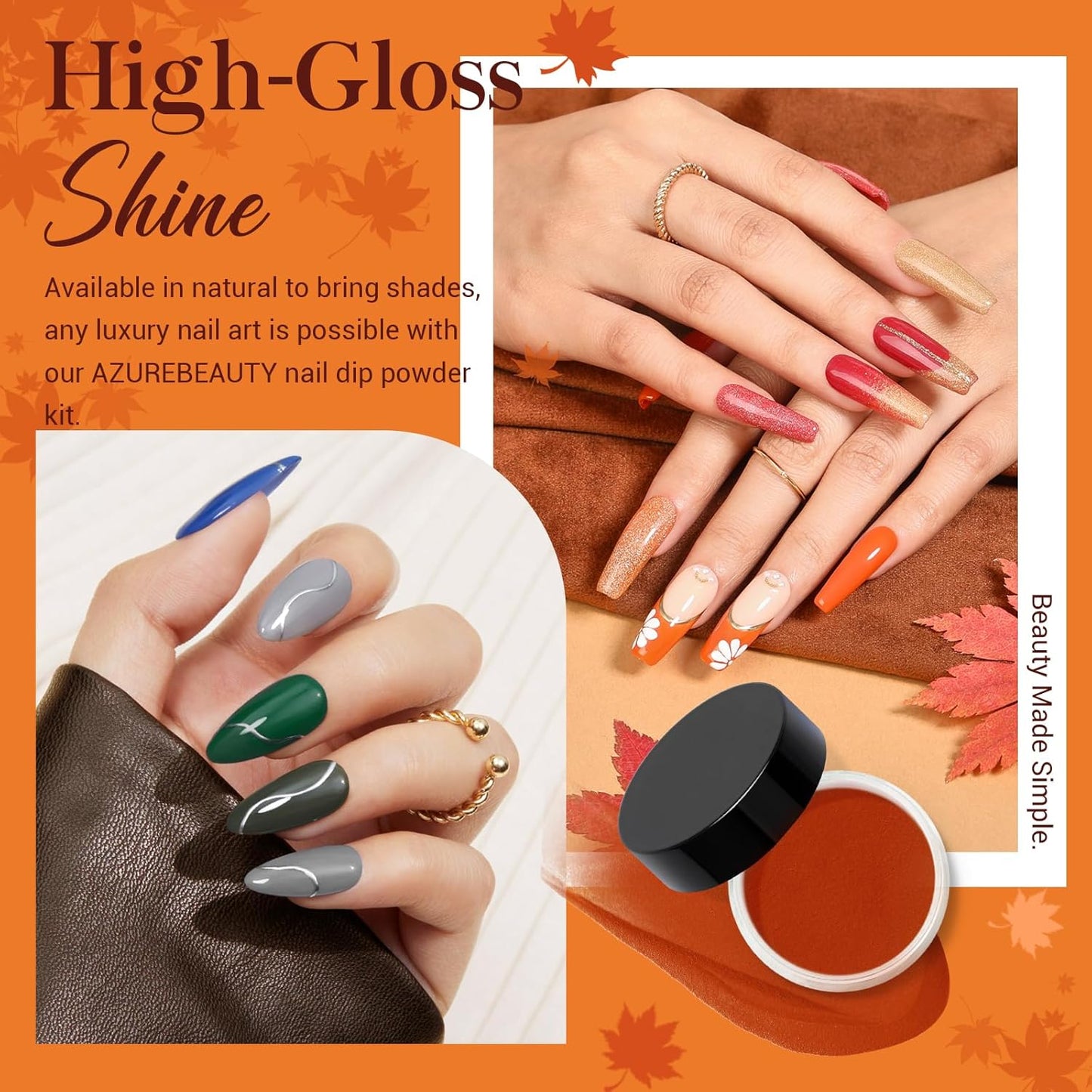 AZUREBEAUTY Dip Powder Nail Kit Starter Fall Autumn Orange Green Glitter Red 20 Colors Acrylic Dipping Powder Liquid Set with Base/Top Coat for French Nails Art Manicure Beginner DIY Salon Home