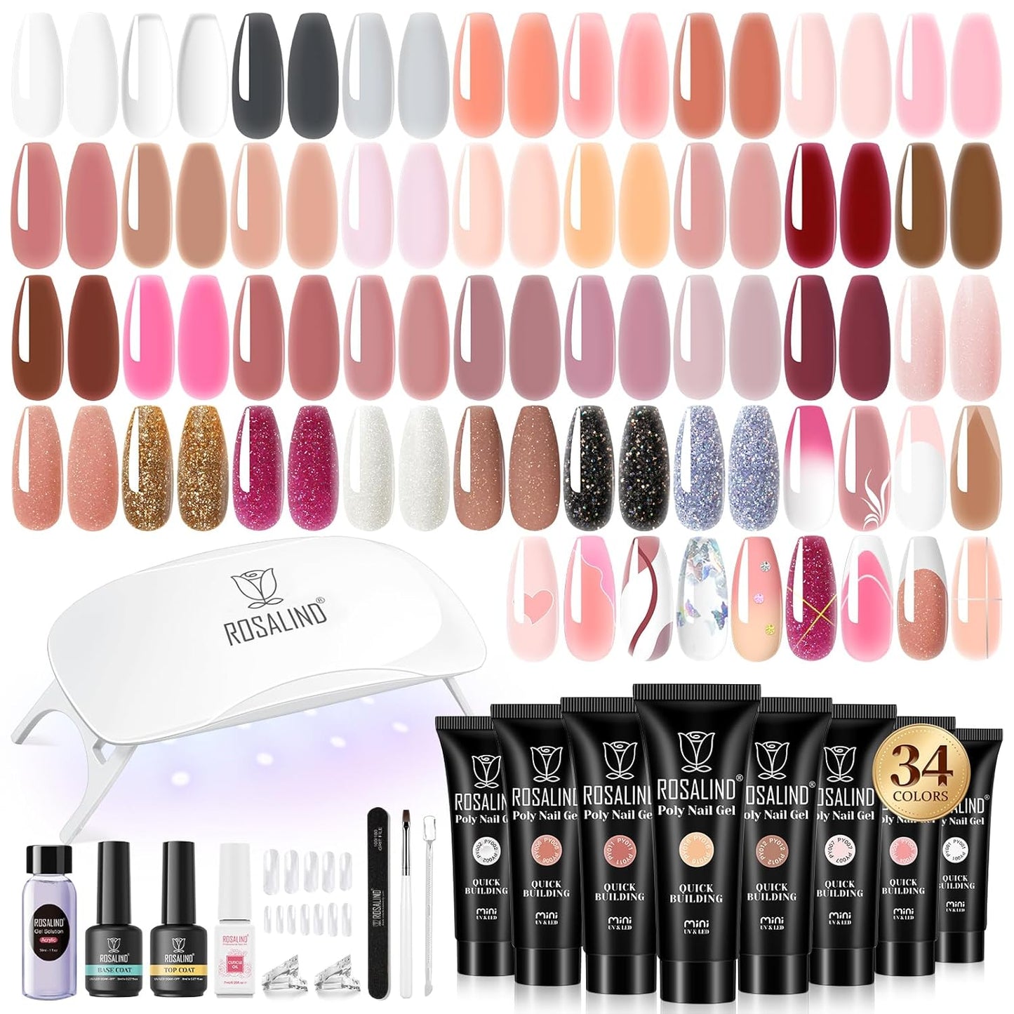 ROSALIND Poly Nail Gel Kit -34 Colors + White Brown Accessories Clear Nude Poly Nails Gel Starter Kit with Mini UV Lamp Slip Solution Nude Pink Extensions Set