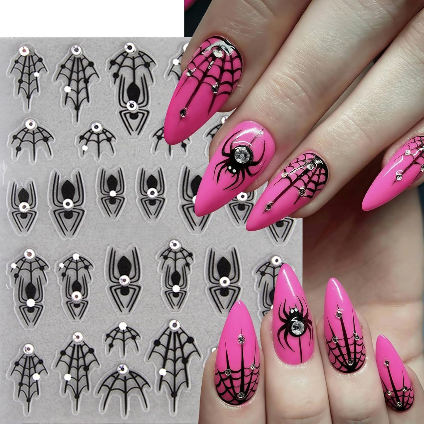 8 Sheets Spider Nail Art Stickers Halloween Ghost Nail Decals 3D Self-Adhesive Black White Heart Spider Web and Rhinestones Spiders Nail Design Acrylic Nails Decoration for Women Holiday Nail Charm