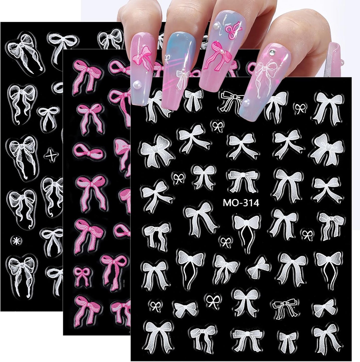 Bow Nail Art Stickers 3 Sheets 5D Embossed Self Adhesive Nail Decals Pink White Bow Nail Stickers Cute Elegant Lace Design Nail Art Supplies for Women DIY Manicure Decorations