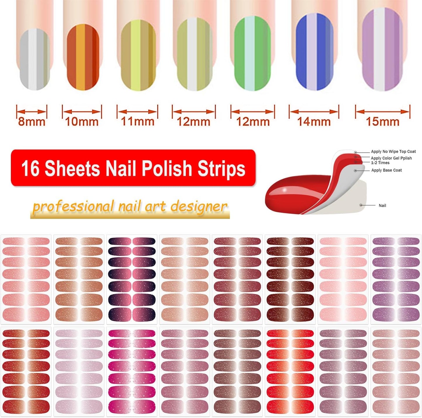 DANNEASY 16 Sheets Nail Polish Stickers Full Nail Wraps for Women Blue Glitter&Solid Color Fingernails Wrap Self Adhesive Nail Polish Strips Gel Nail Strips with Nail File, Cuticle Stick