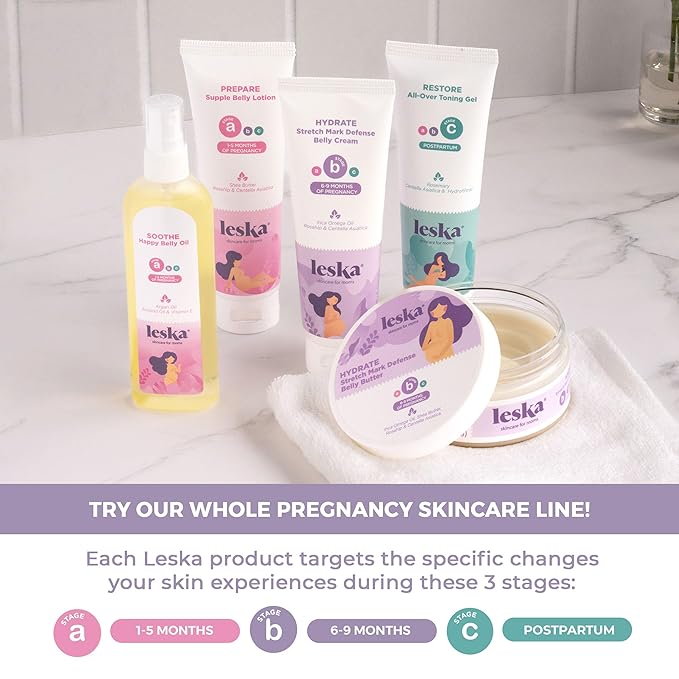 Leska Maternity Set | Belly Lotion, Belly Oil, Stretch Mark Defense Cream & Belly Butter, Toning Gel | Maternity Stages Skin Care for Pregnancy & Postpartum |New Mom Gifts (Set of 5, 4-4.93oz each)