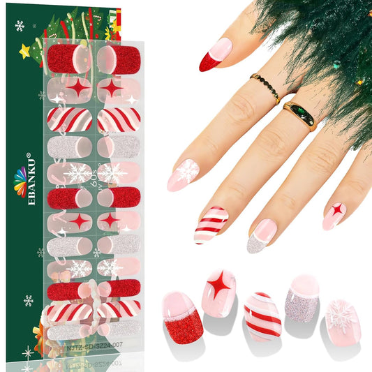 EBANKU 24PCS Christmas Semi-Cured Gel Nail Strips, French Glitter Adhesive Gel Nail Art Sticker, Waterproof Gel Nail Wrap Stickers with Nail File and Stick（UV/LED Lamp Required）