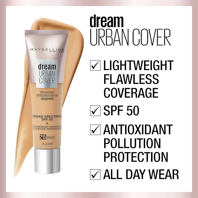 Maybelline Dream Urban Cover Flawless Coverage Foundation Makeup, SPF 50, Ivory