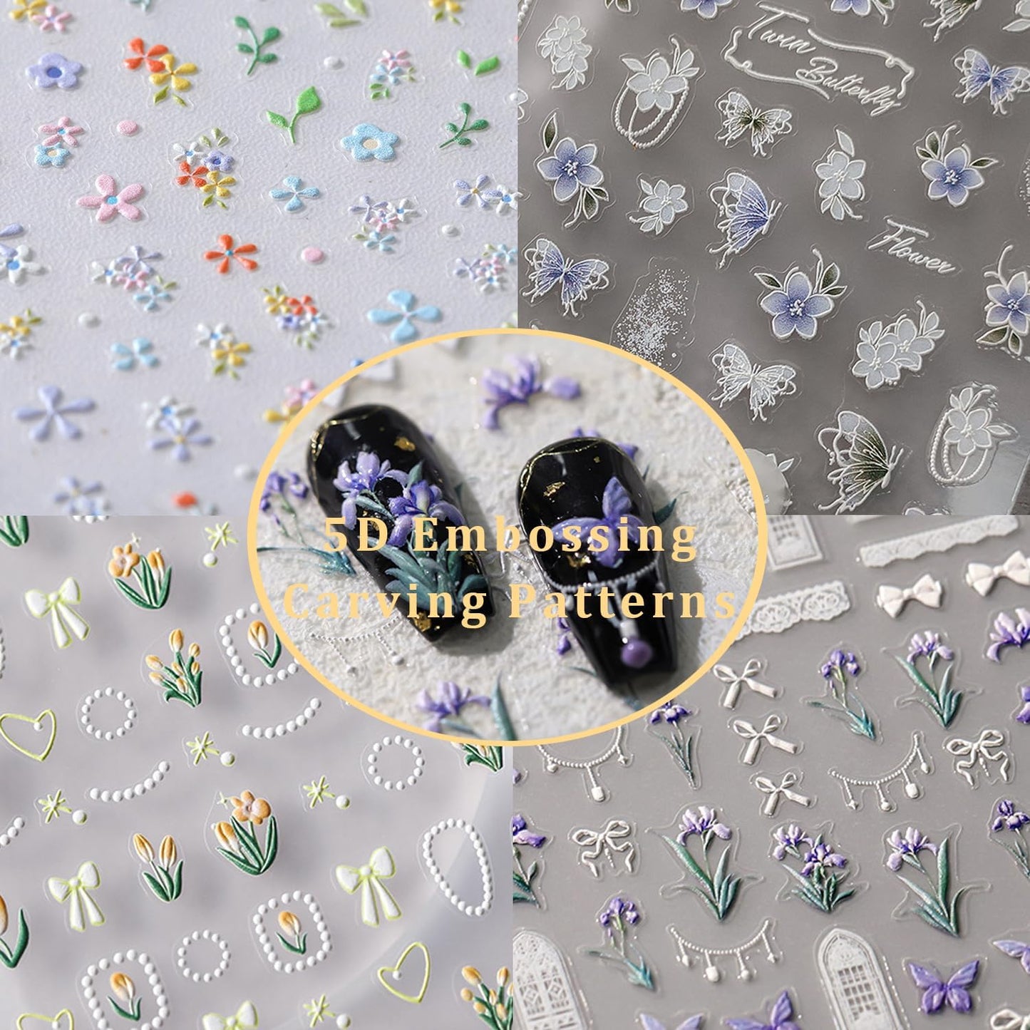 Flower Nail Sticker, 5D Embossed Iris Floral Nail Art Stickers Self-Adhesive Bows Butterfly Nail Decals for Women Nail Supplies Art Design Sticker(1, Iris Flower)