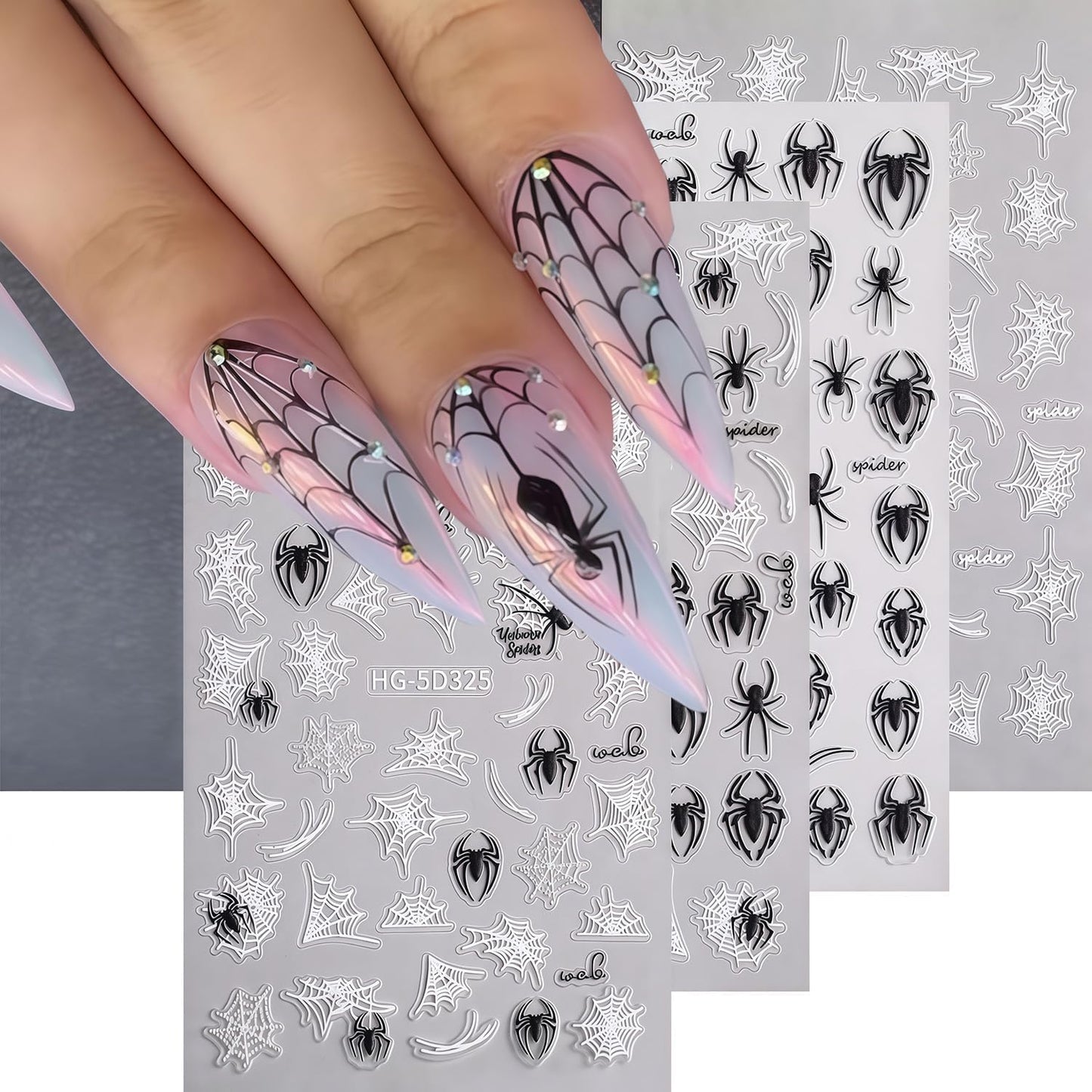 Halloween Nail Art Stickers Decals Black White Spider Web Spider Pattern Design 3D Self-Adhesive Nail Stickers Halloween Spider Nail Art Decals for Women DIY Festival Salon Manicure Decoration