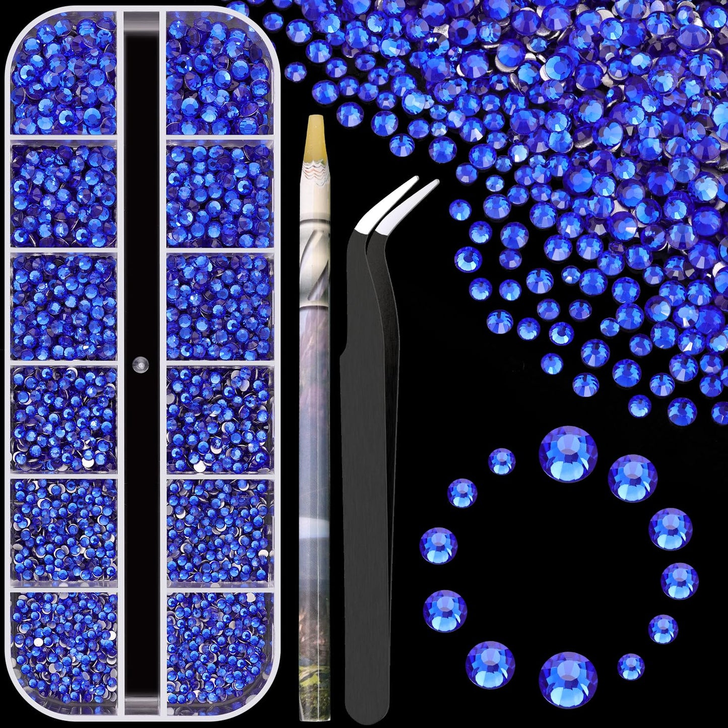 3600pcs Glass Royal Blue Nail Rhinestones 6 Sizes(1.8/2/2.4/2.8/3/4mm) Flatback Crystal Nail Charms Jewels Decoration for Nail Art and Crafting, Tweezer and Pickup Pen included