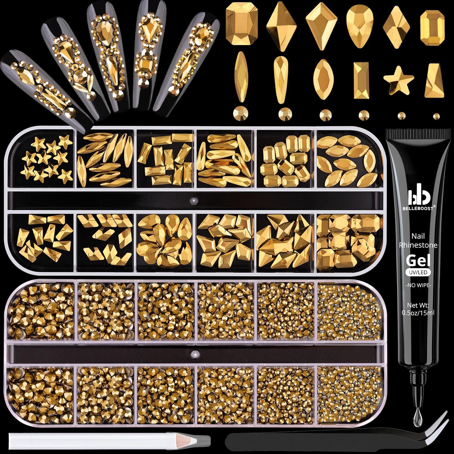 3220Pcs Mineral Gold Glass Nail Rhinestones 120Pcs Multi Shapes Flatback Nail Gems + 3100Pcs 1.5-4mm Round Crystal with Rhinestones Glue Gel, Manicure Nail Charms Diamond Gemstone for Nail Art
