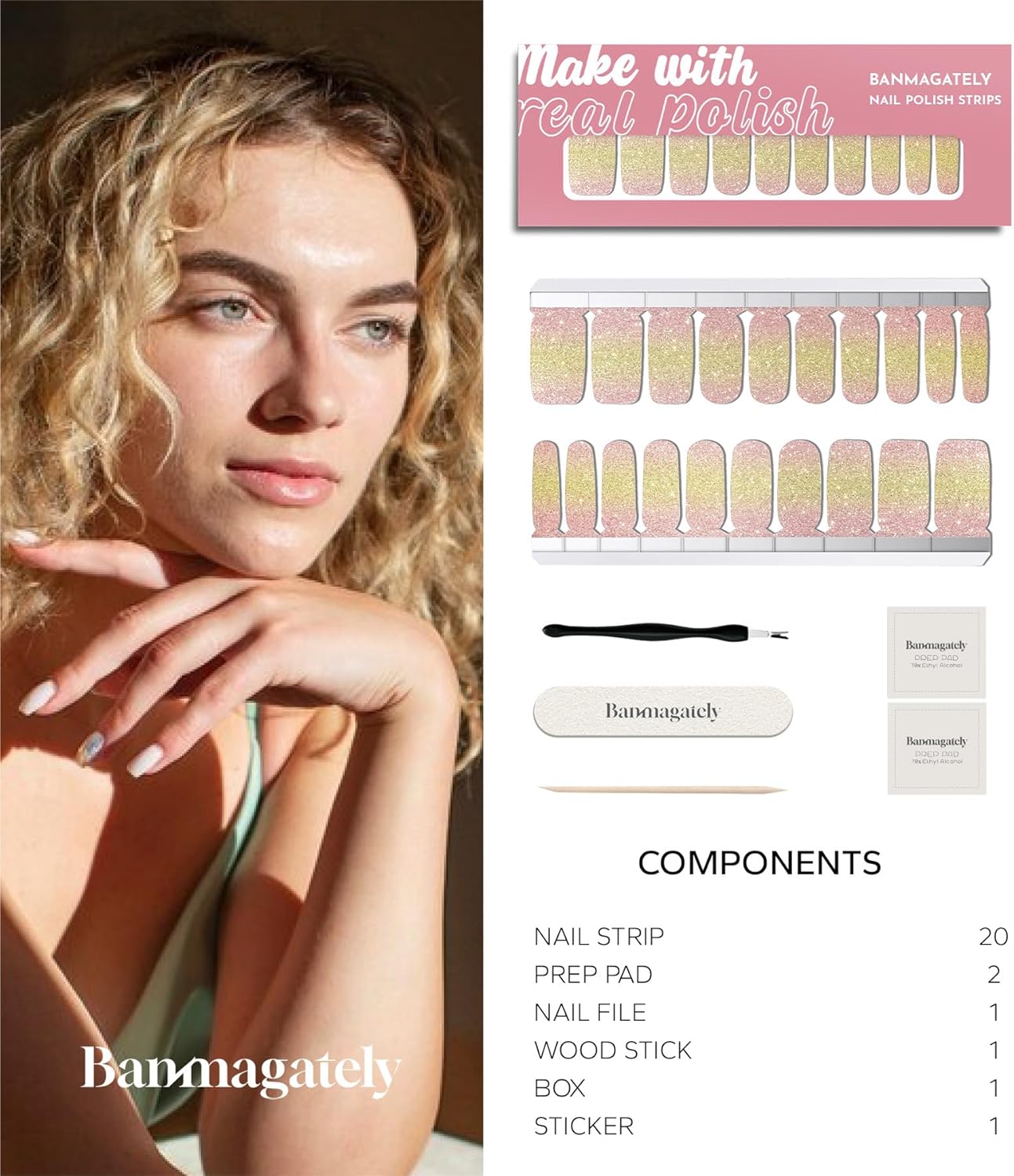 Nail Polish Strips, 20Pcs Salon Quality Gel Nail Stickers, Easy Long Lasting Wraps for Short Nails no UV Light Needed (Pink Yellow)