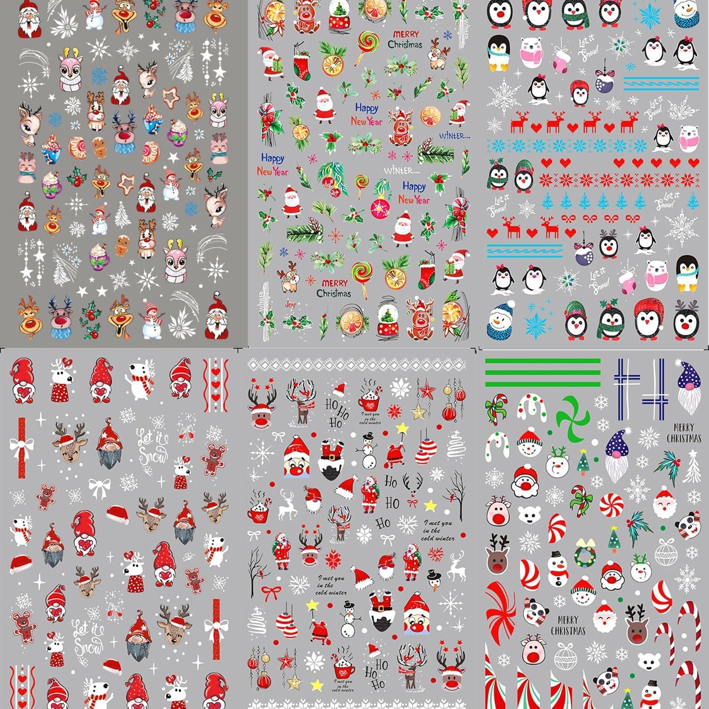 HNUIX Nail Stickers - Christmas 3D, Self Adhesive Nail Decals, Multi Colour Pattern, 10 Sheets, for Nail Art