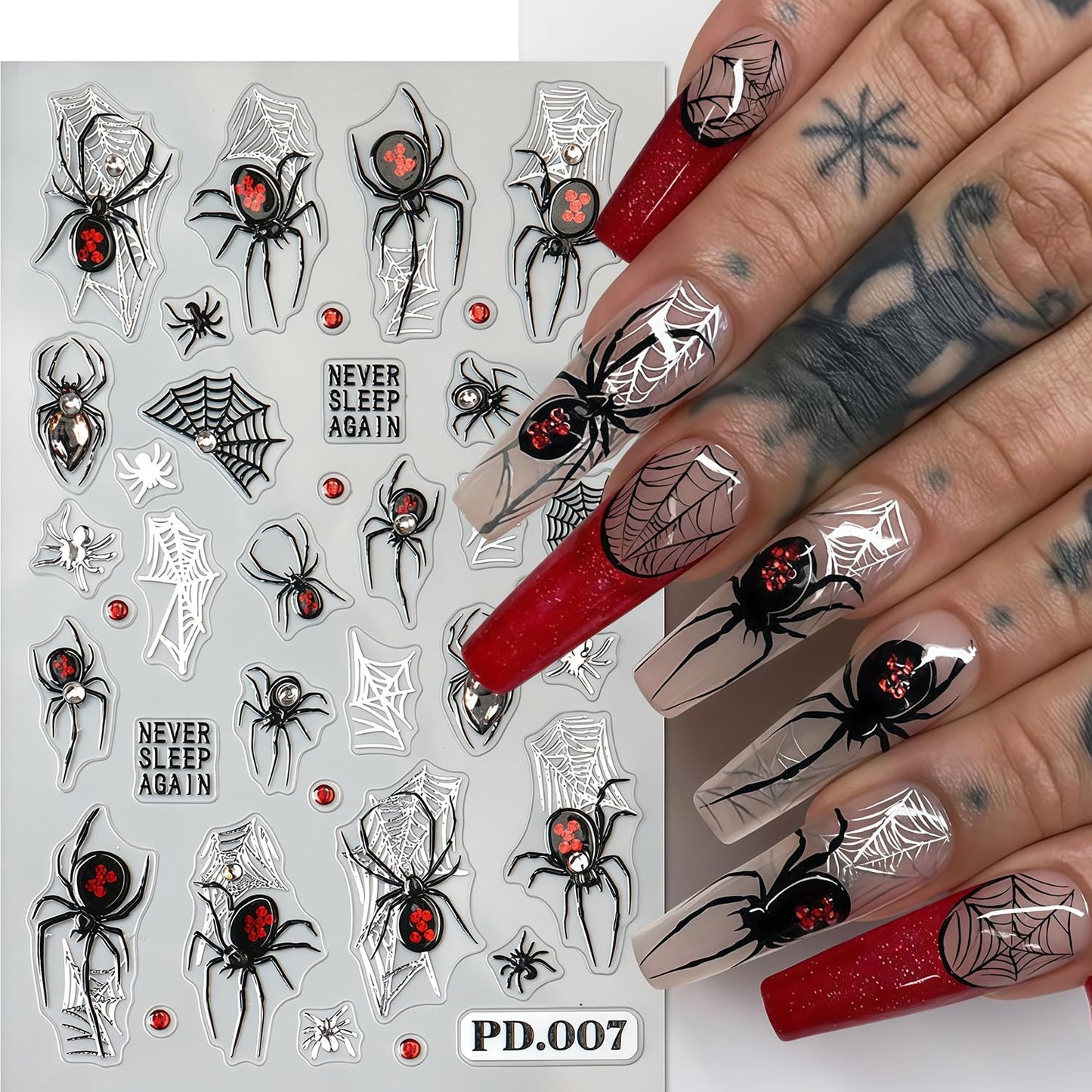 Spider Nail Art Stickers 3D Self-Adhesive Black White Red Silver Spiders Spider Web Star Nail Design Decals Halloween Nail Stickers DIY Holiday Manicure Decoration for Salon Acrylic Manicure 6 Sheets