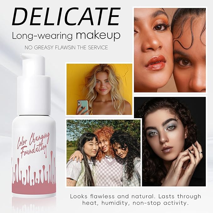 Color Changing Foundation Liquid, Skintone Matching Foundation, Full Coverage, Long Lasting, Lightweight Coverage, Oil Free and Silicon Free, Double Wear, Lightening, Sweat and Water Resistant