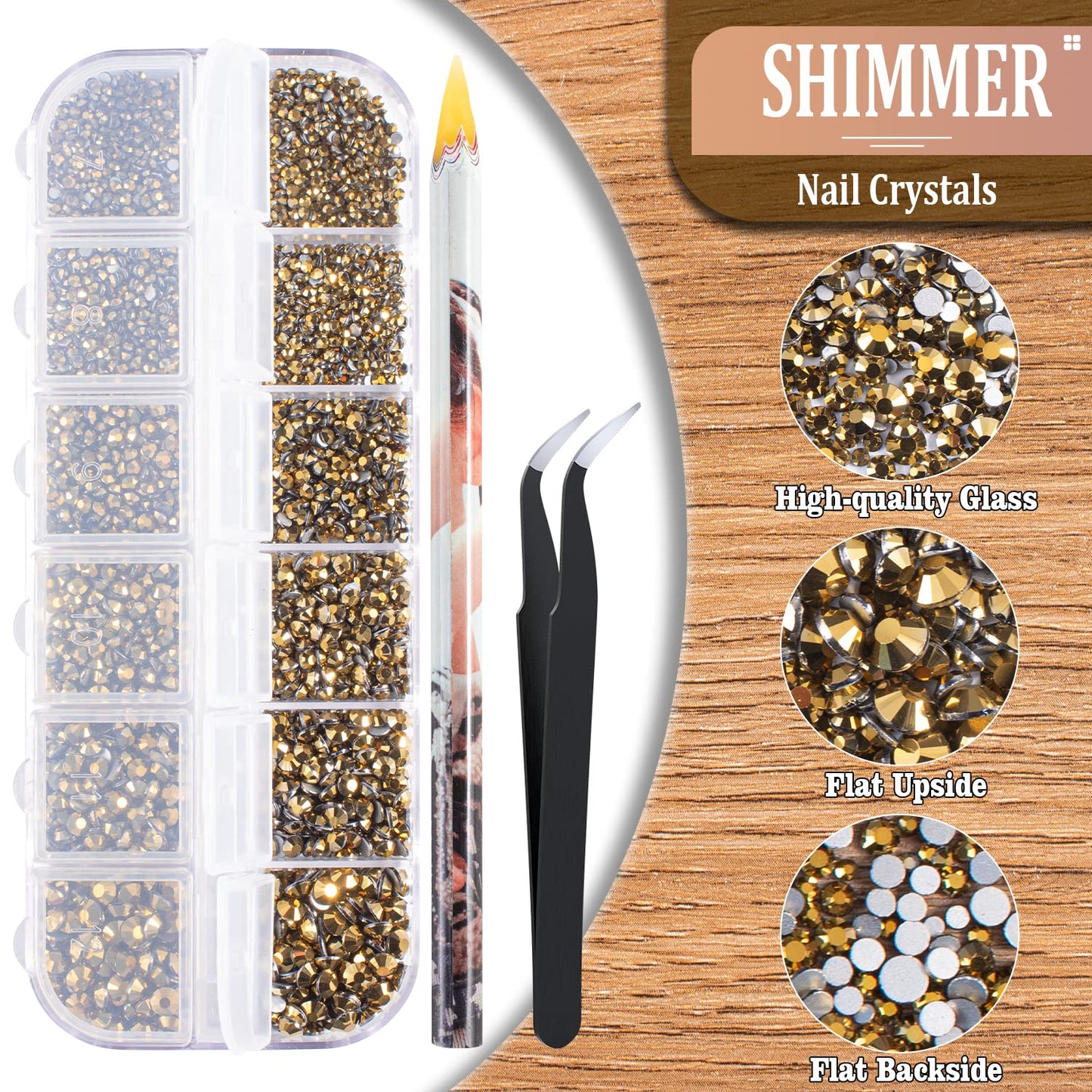 3600pcs Glass Mineral Gold Nail Rhinestones 6 Sizes(1.8/2/2.4/2.8/3/4mm) Flatback Crystal Nail Charms Jewels Decoration for Nail Art and Crafting, Tweezer and Pickup Pen included
