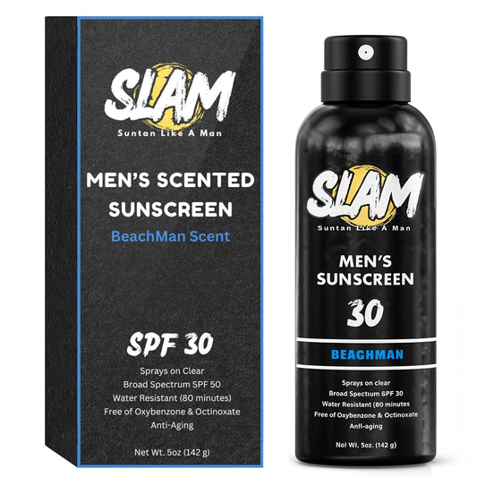 SLAM BeachMan Men's Scented Sunscreen Spray SPF 30 – Broad Spectrum Sun Screen for Face & Body, Water & Sweat Resistant Spray Sunscreen SPF 30, UVA/UVB Protection, Mens Sunblock