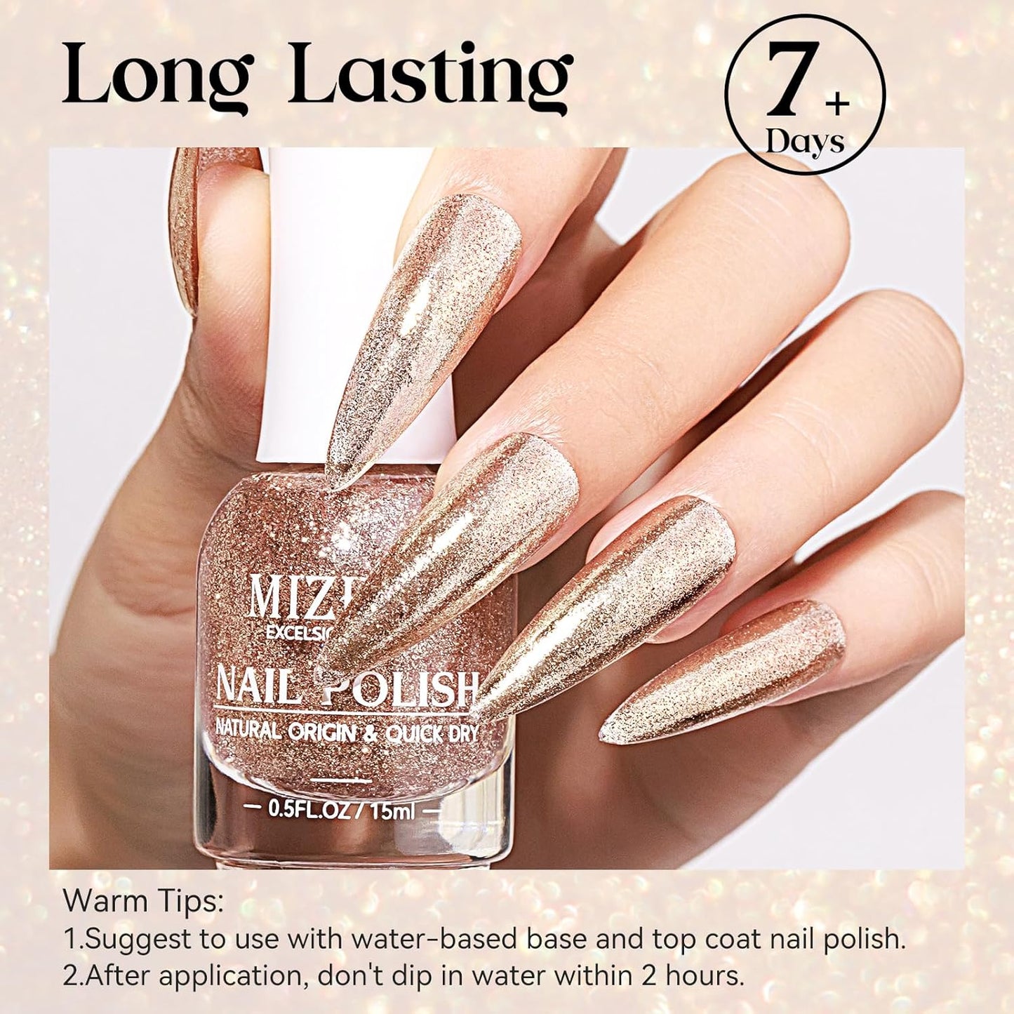 MIZHSE Quick Dry Glitter Nail Polish, Metallic Gold Nail Polish Air Dry Fast, 15 ml High Glossy Sparkle Shiny Shimmery Chrome Nail Pigment Water-based Nail Art Salon Manicure Home