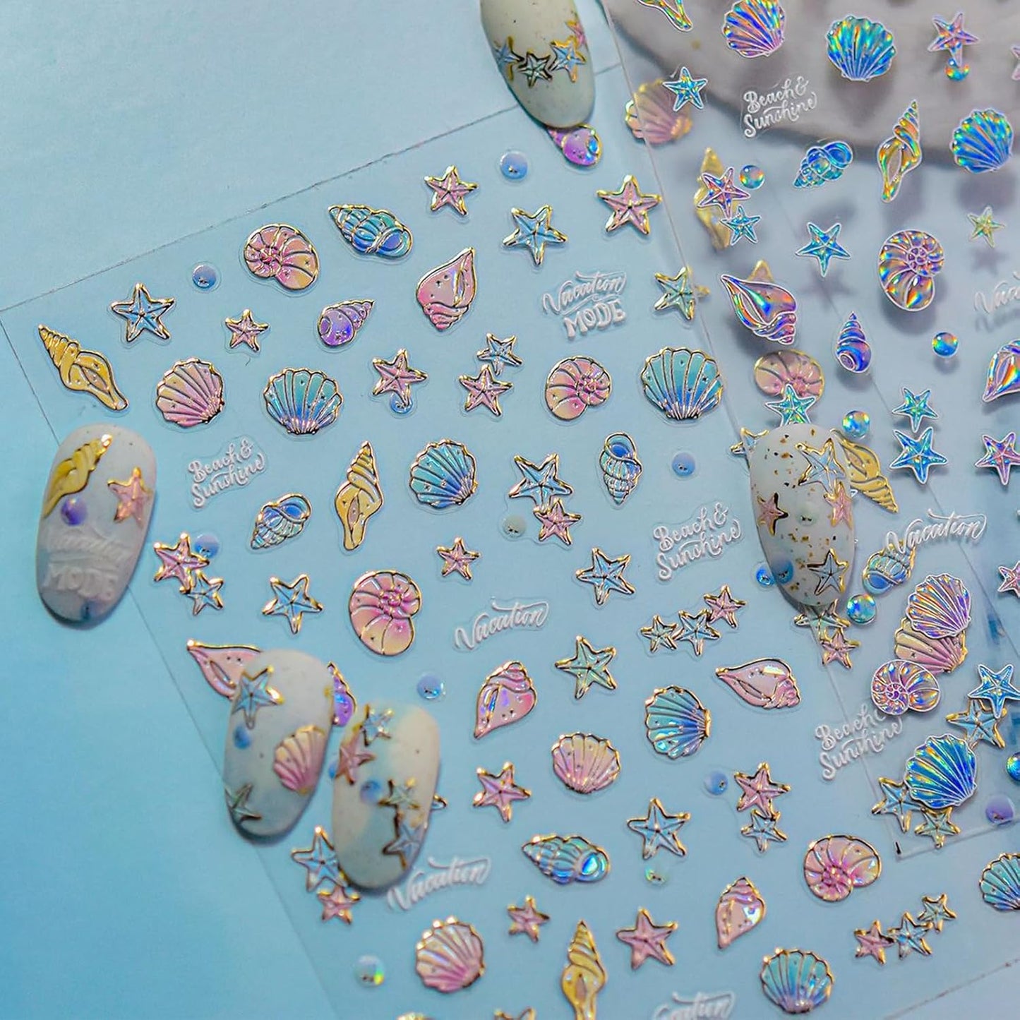 1 Sheet Starfish Nail Art Stickers Holographic Laser Summer Nail Stickers 5D Embossed Self-Adhesive Ocean Nail Decals Conch Seashell Beach Nails Design Nail Supplies for Women Acrylic Nail Decorations