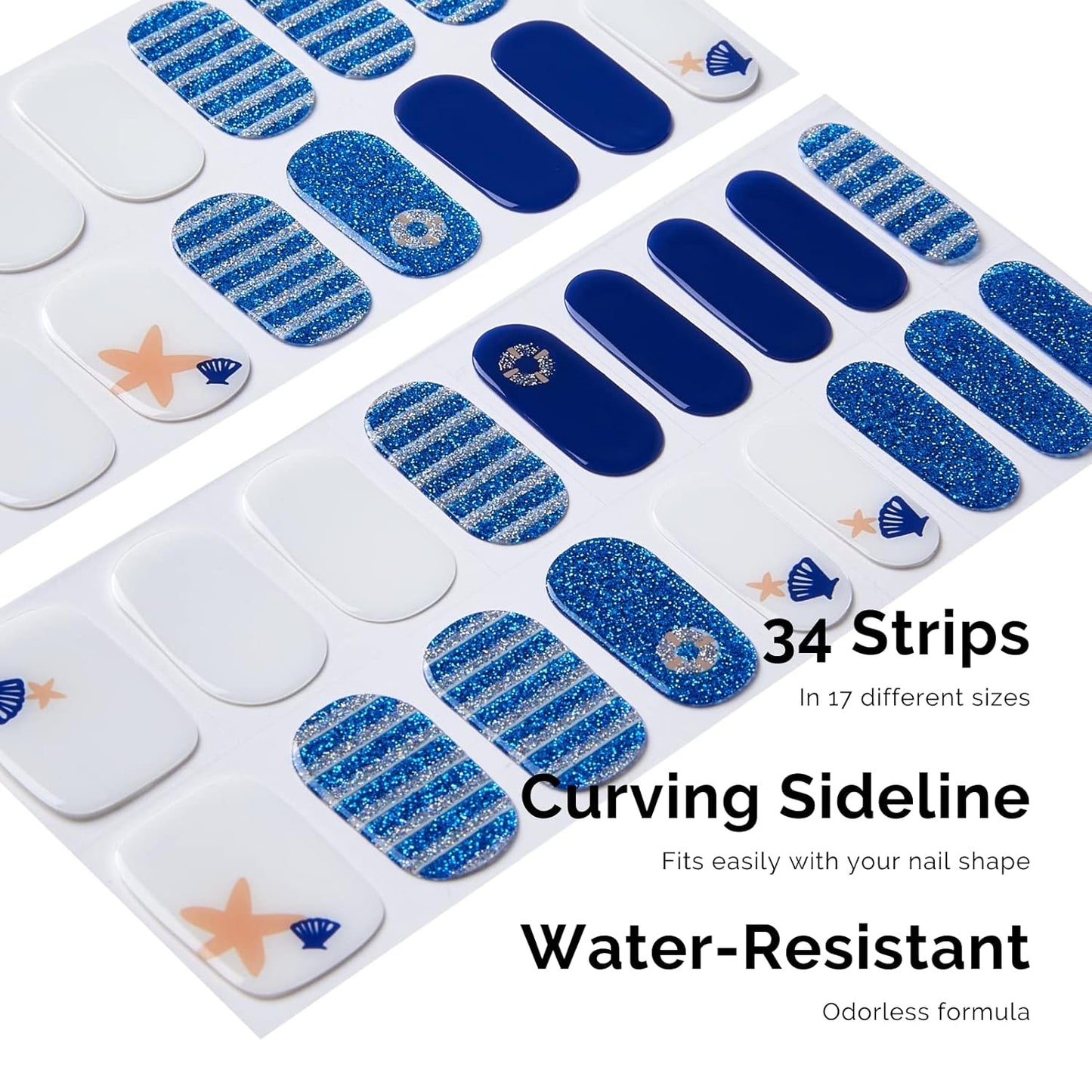 NAILOG Semi Cured Gel Nail Strips for Summer 34 pcs, Buy 2 Get 1 UV Lamp, Salon-Quality Nail Strips with Soft Gel Finish | Marine Story