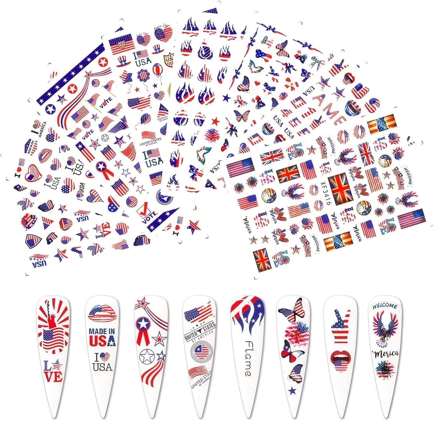 4th of July Nails Stickers for Nail Art - 8 Sheets 3D Self Adhesive Independence Day Nail Art Stickers American Flag Stars Letters USA Nail Decals Fourth of July Design Sticker for Women