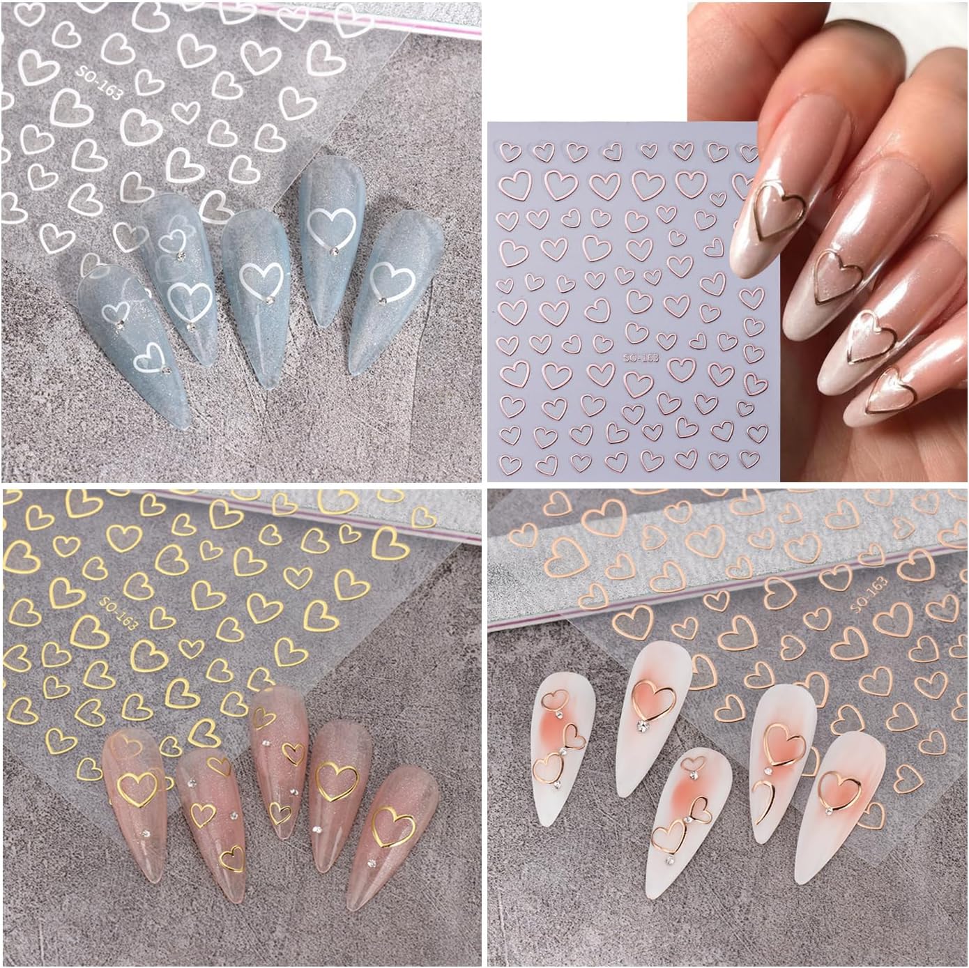 6PCS Valentine's Day Heart Nail Stickers - Love Art Supplies, 3D Self-Adhesive Decals, Black Red White Gold Design DIY Manicure Decor for Women